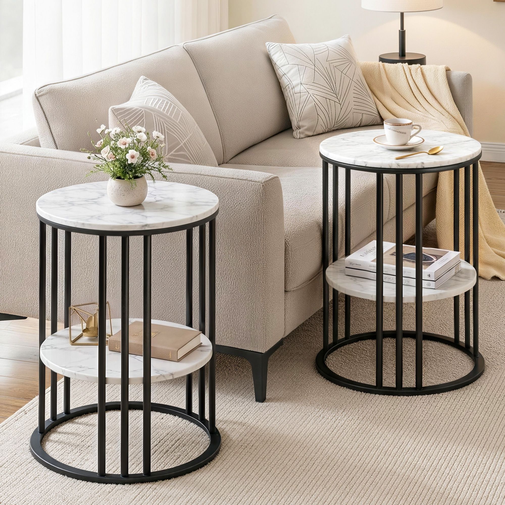 Artiss Set of 2 Side Table Coffee Table 2-Tier Round Marble Effect - Image 1