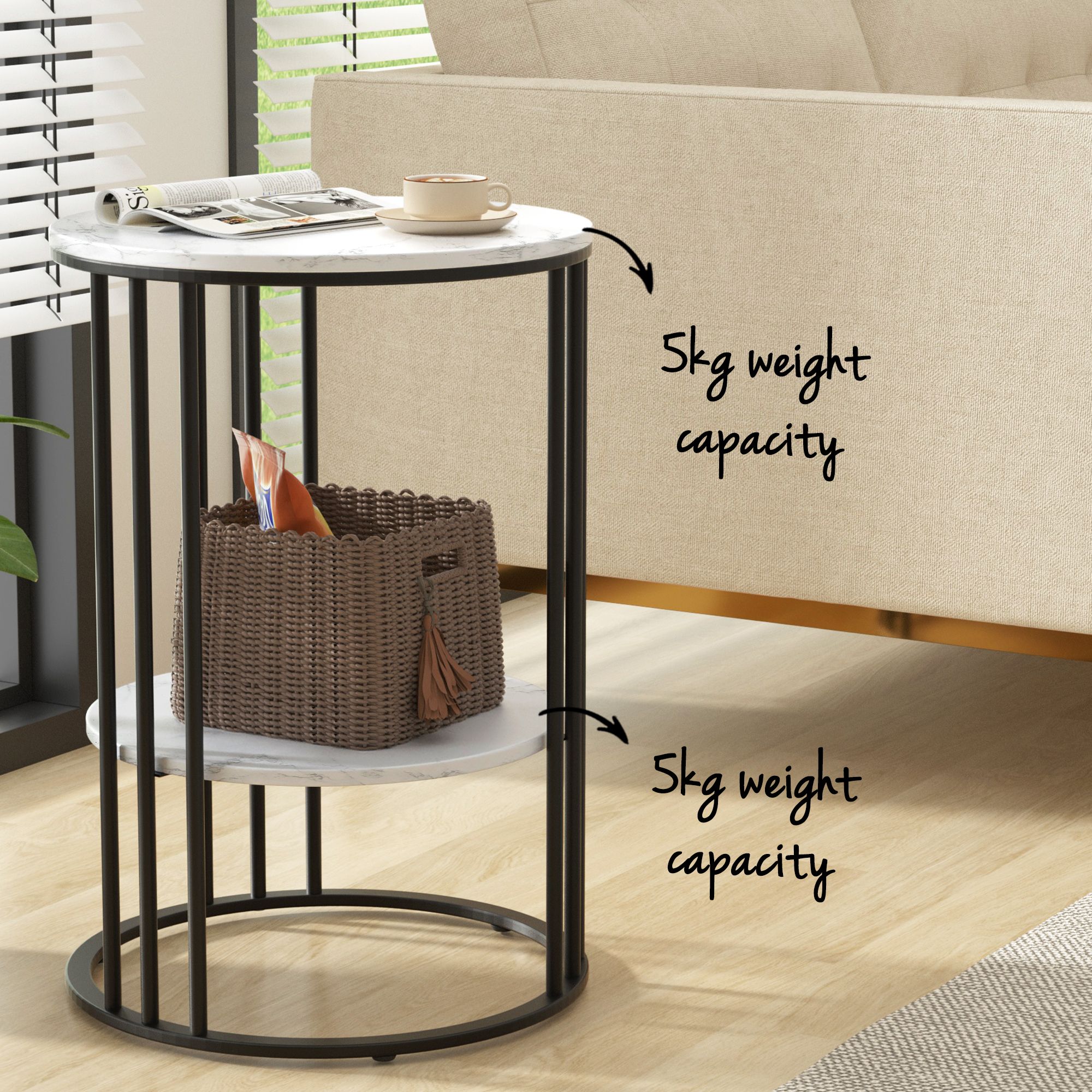Artiss Set of 2 Side Table Coffee Table 2-Tier Round Marble Effect - Image 4