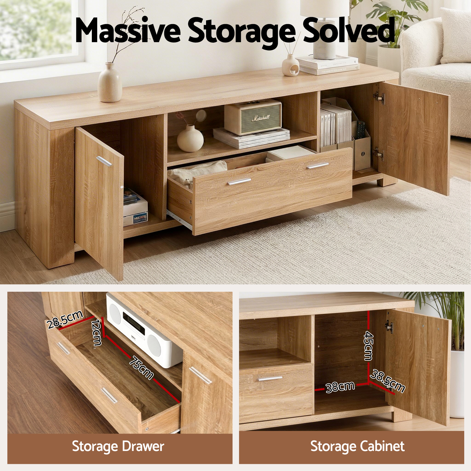 Artiss 180cm TV Unit Entertainment Unit Storage Drawer Cabinet Pine - Image 5