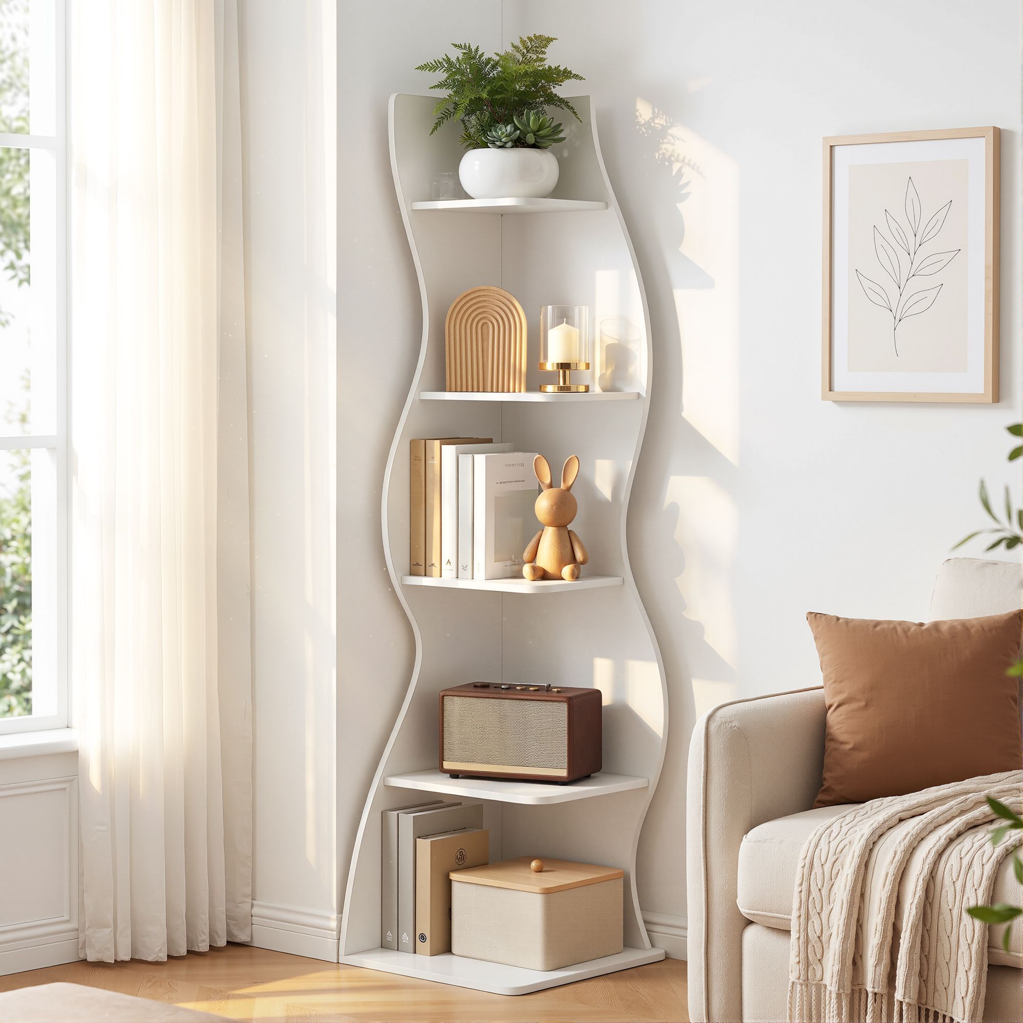 Artiss 5-Tier Bookshelf Corner Shelf S-shaped Storage Rack White - Image 1