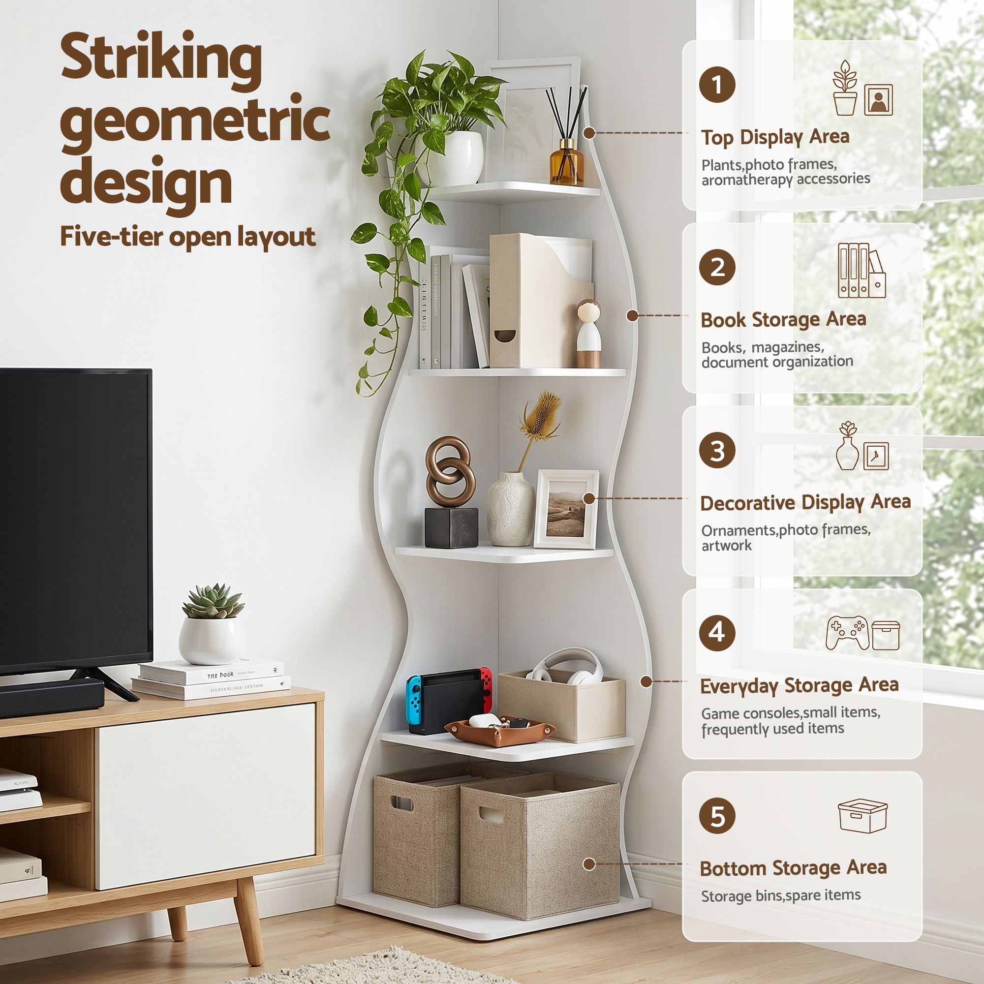 Artiss 5-Tier Bookshelf Corner Shelf S-shaped Storage Rack White - Image 5