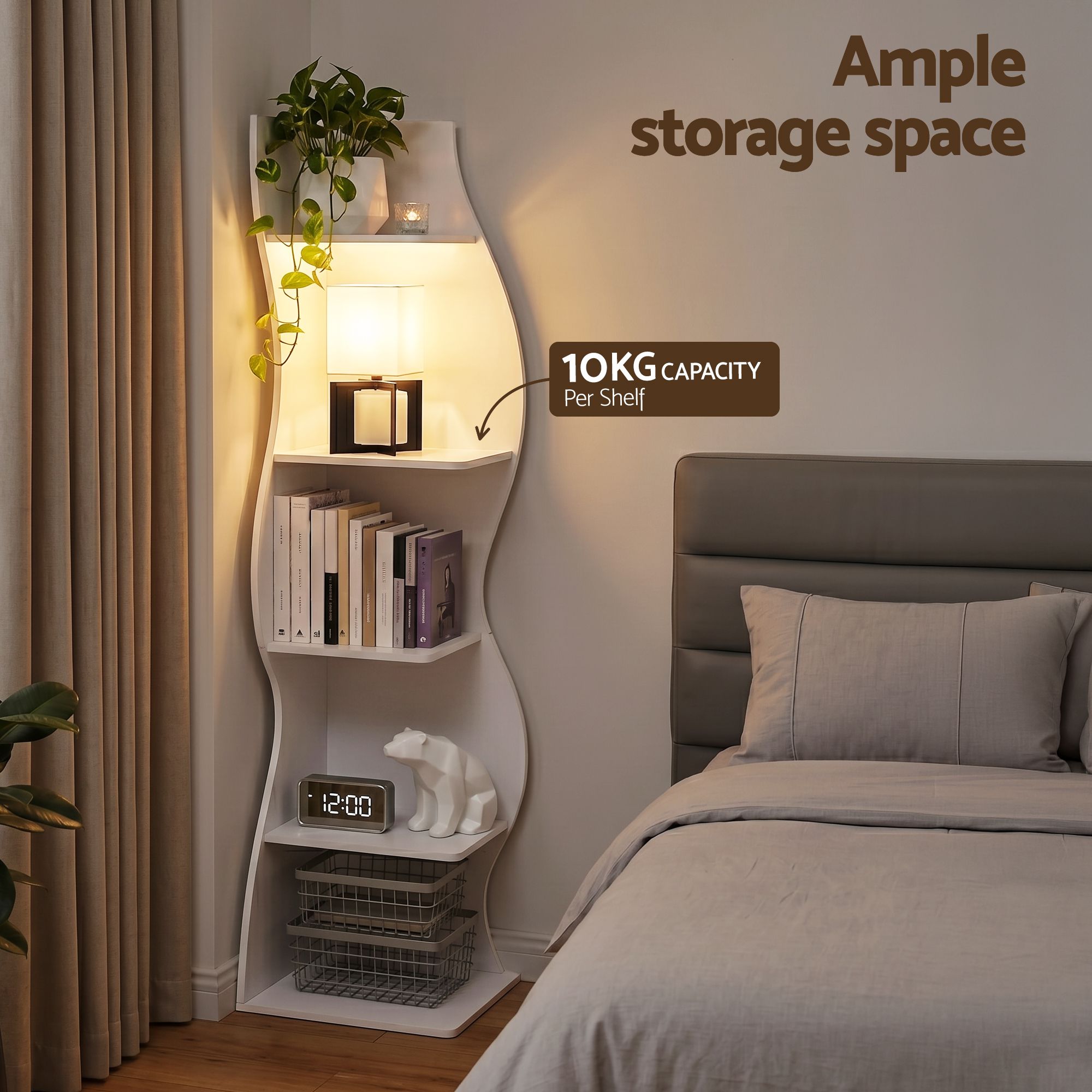 Artiss 5-Tier Bookshelf Corner Shelf S-shaped Storage Rack White - Image 6