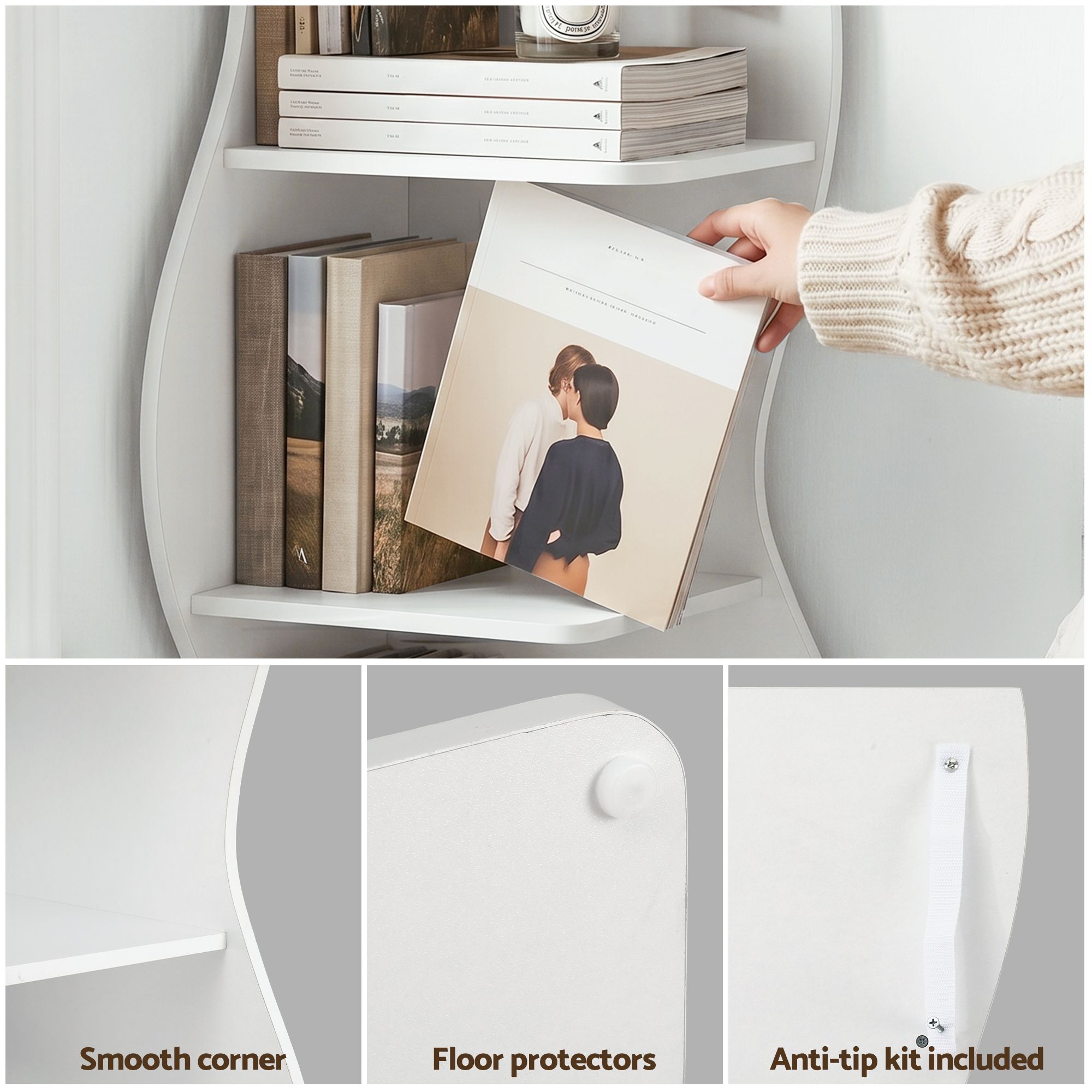 Artiss 5-Tier Bookshelf Corner Shelf S-shaped Storage Rack White - Image 7