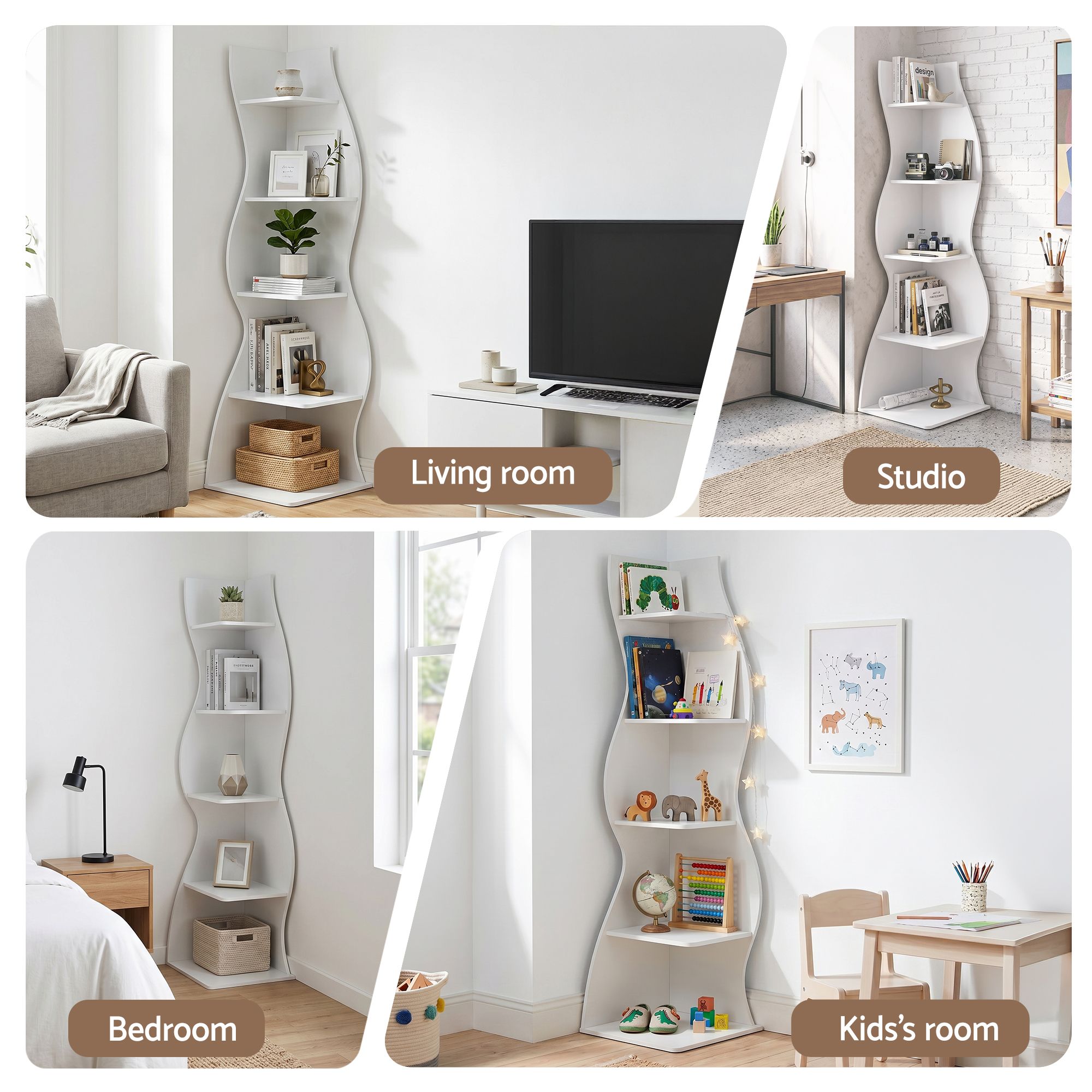 Artiss 5-Tier Bookshelf Corner Shelf S-shaped Storage Rack White - Image 8