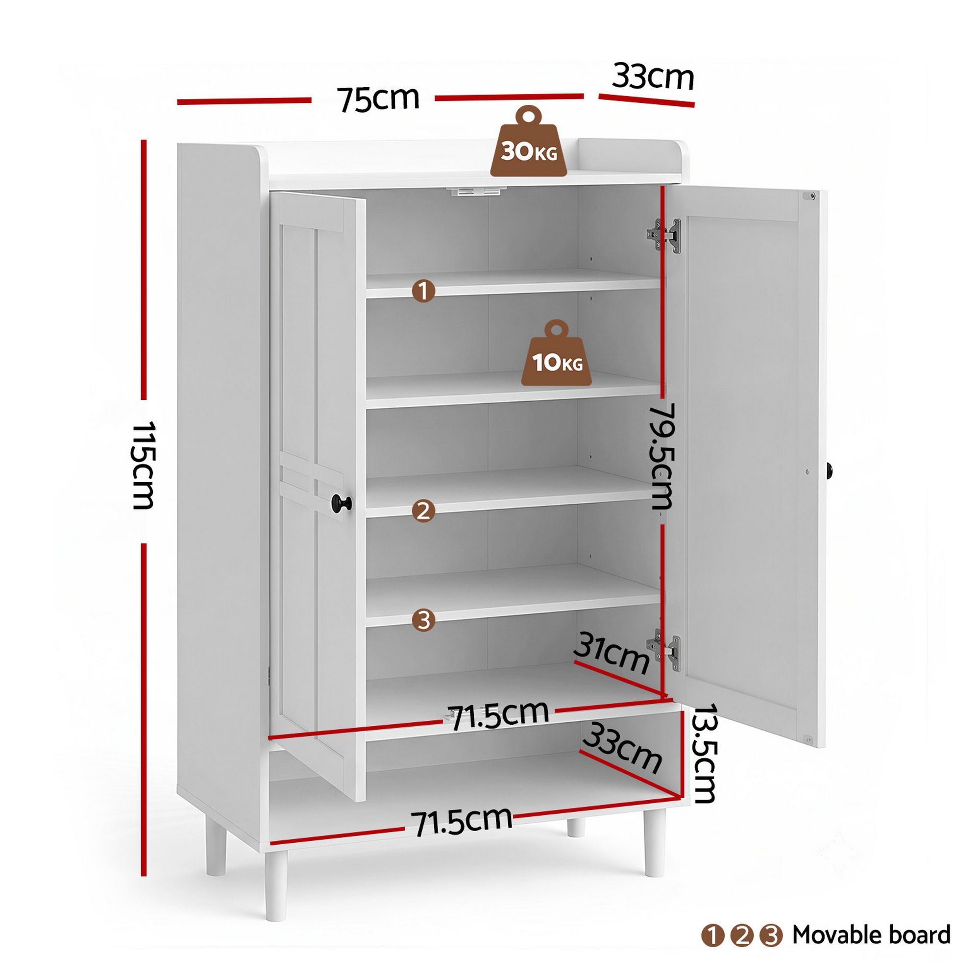Artiss Shoe Rack Cabinet Storage Cupboard 3 Adjustable Shelves White - Image 4