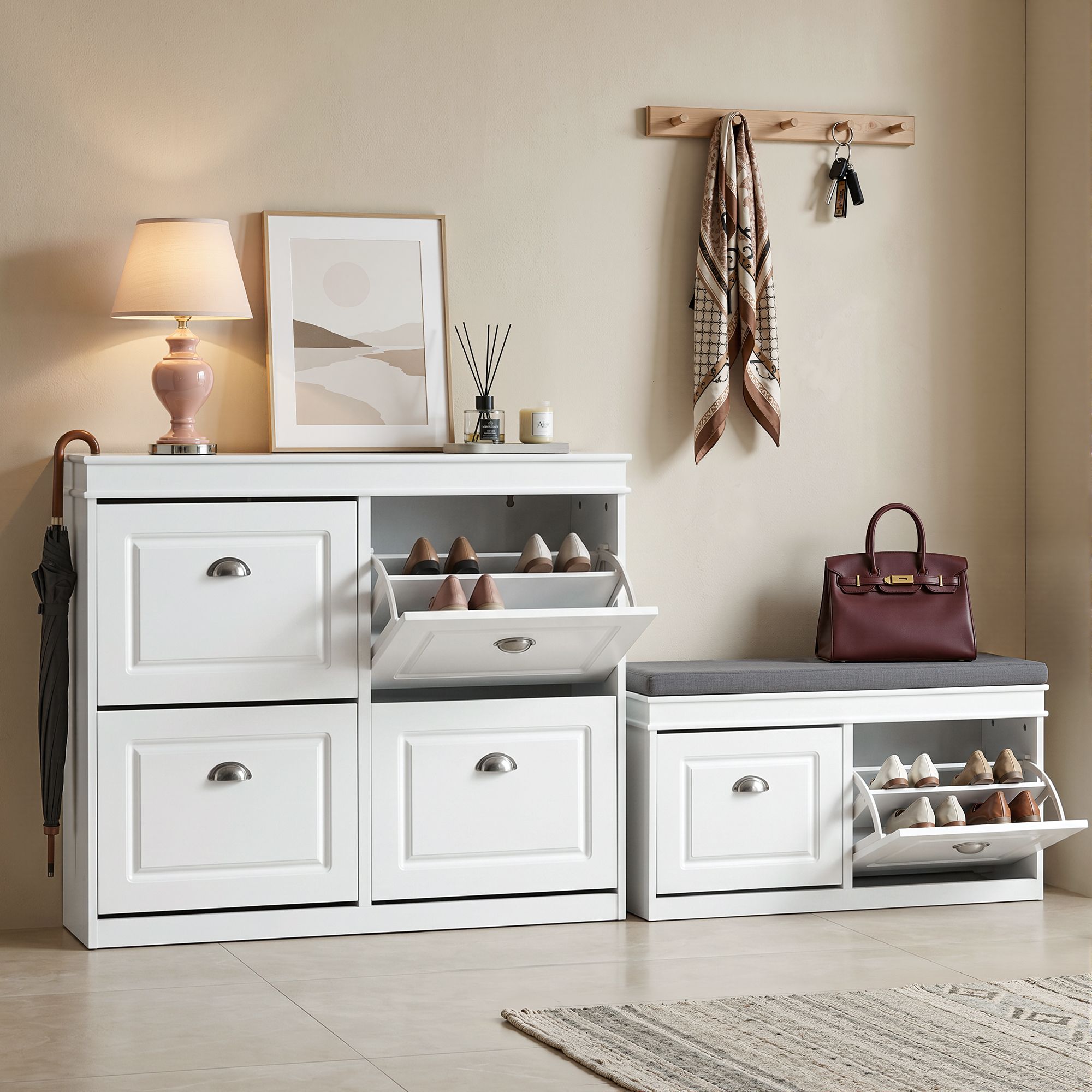 Artiss Shoe Cabinet Bench Set Flip Drawer Hallway Living Room White - Image 1