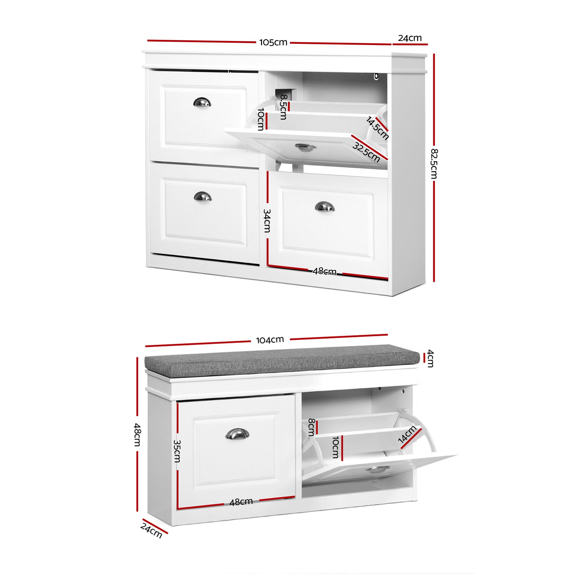 Artiss Shoe Cabinet Bench Set Flip Drawer Hallway Living Room White - Image 3