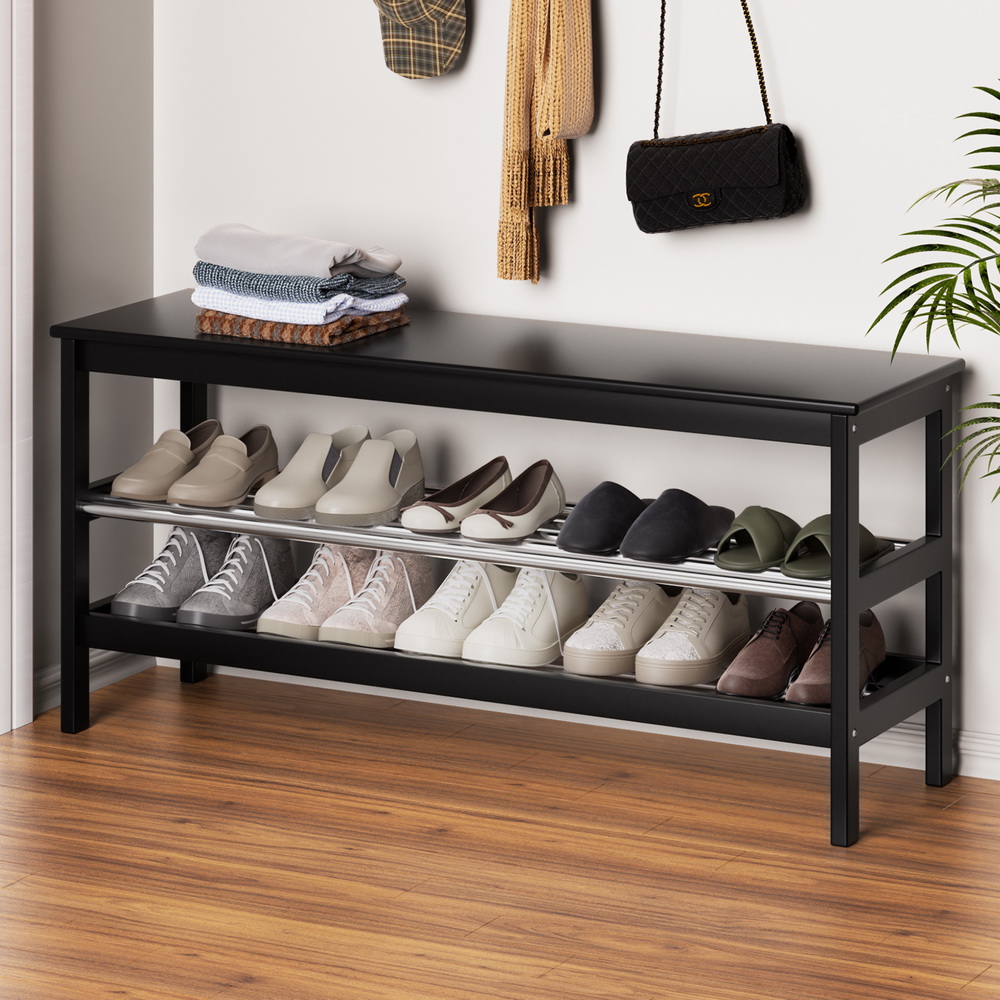 Artiss Shoe Rack Cabinet Bamboo Bench 10 Paris Black - Image 1