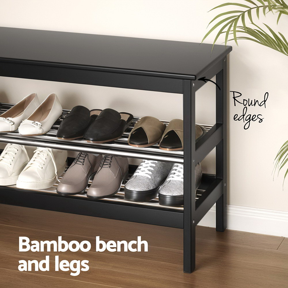 Artiss Shoe Rack Cabinet Bamboo Bench 10 Paris Black - Image 5