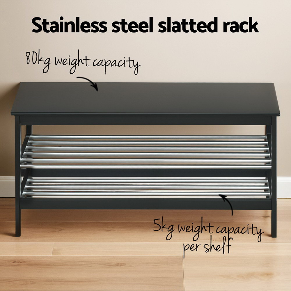 Artiss Shoe Rack Cabinet Bamboo Bench 10 Paris Black - Image 6