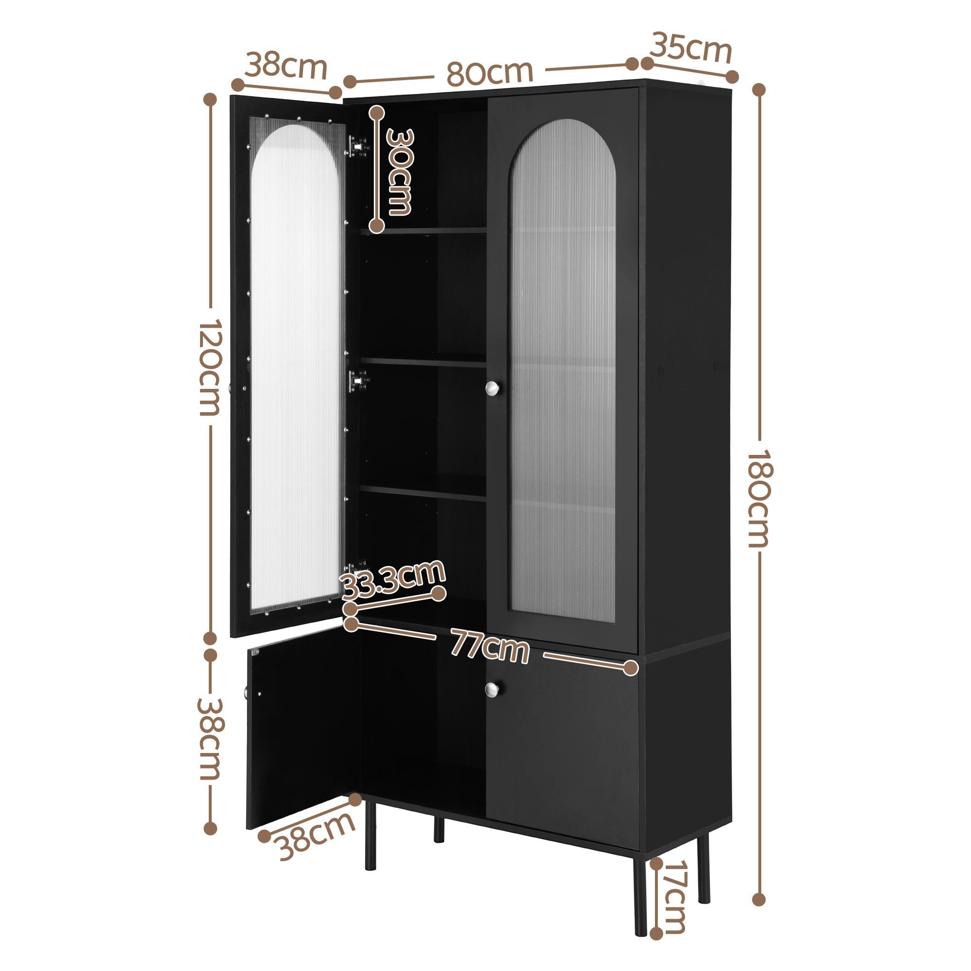Artiss 2x Buffet Sideboard Cabinet Pantry 5-Tier Storage Cupboard Fluted Black - Image 3