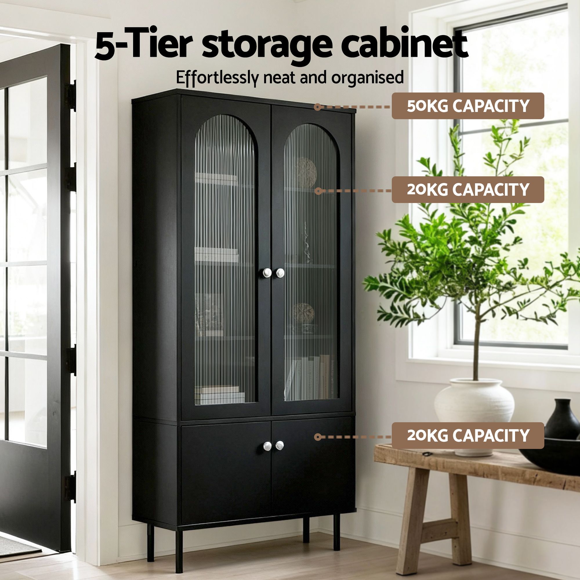 Artiss 2x Buffet Sideboard Cabinet Pantry 5-Tier Storage Cupboard Fluted Black - Image 5
