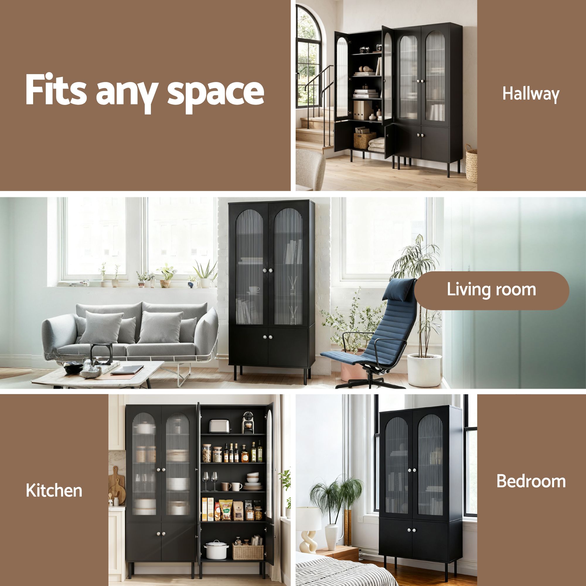 Artiss 2x Buffet Sideboard Cabinet Pantry 5-Tier Storage Cupboard Fluted Black - Image 8