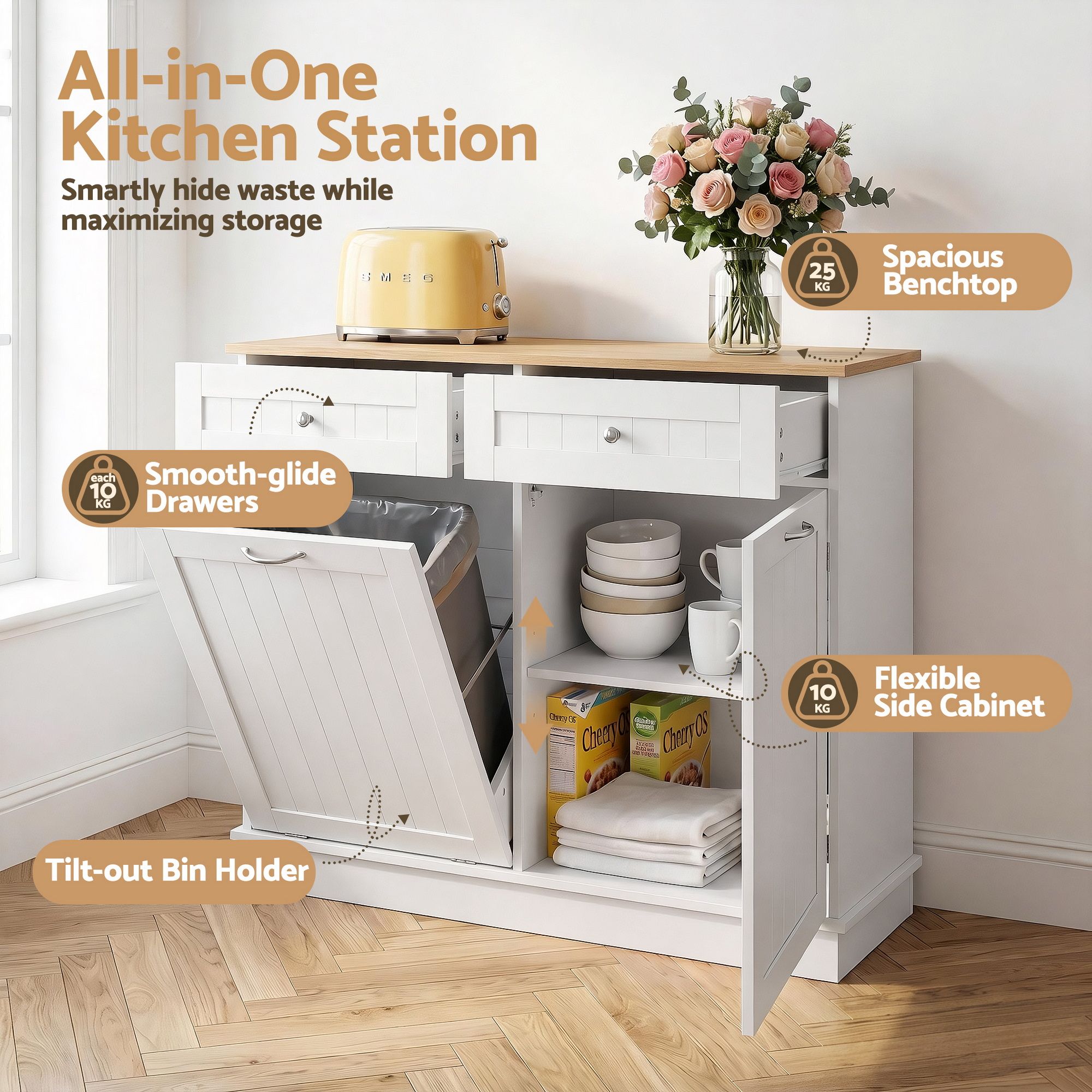 Artiss Buffet Sideboard Cabinet Kitchen Tilt Out Bin Holder Storage Cupboard - Image 5