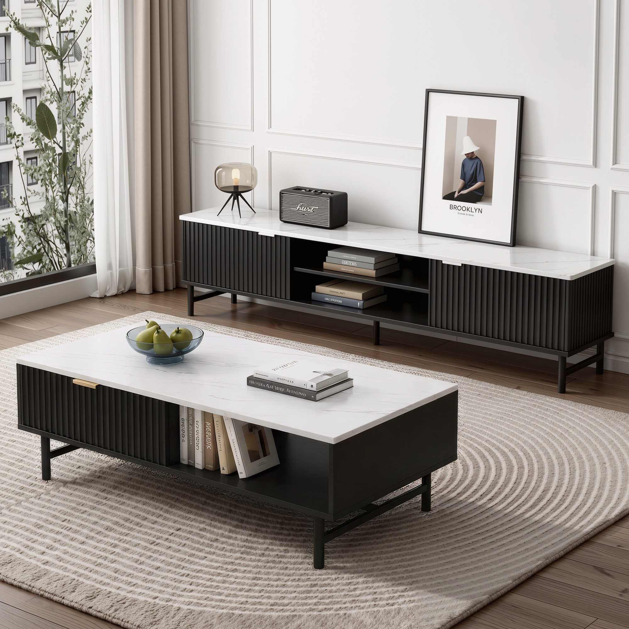 Artiss TV Unit & Coffee Table Set Storage Shelf Black - Image 1