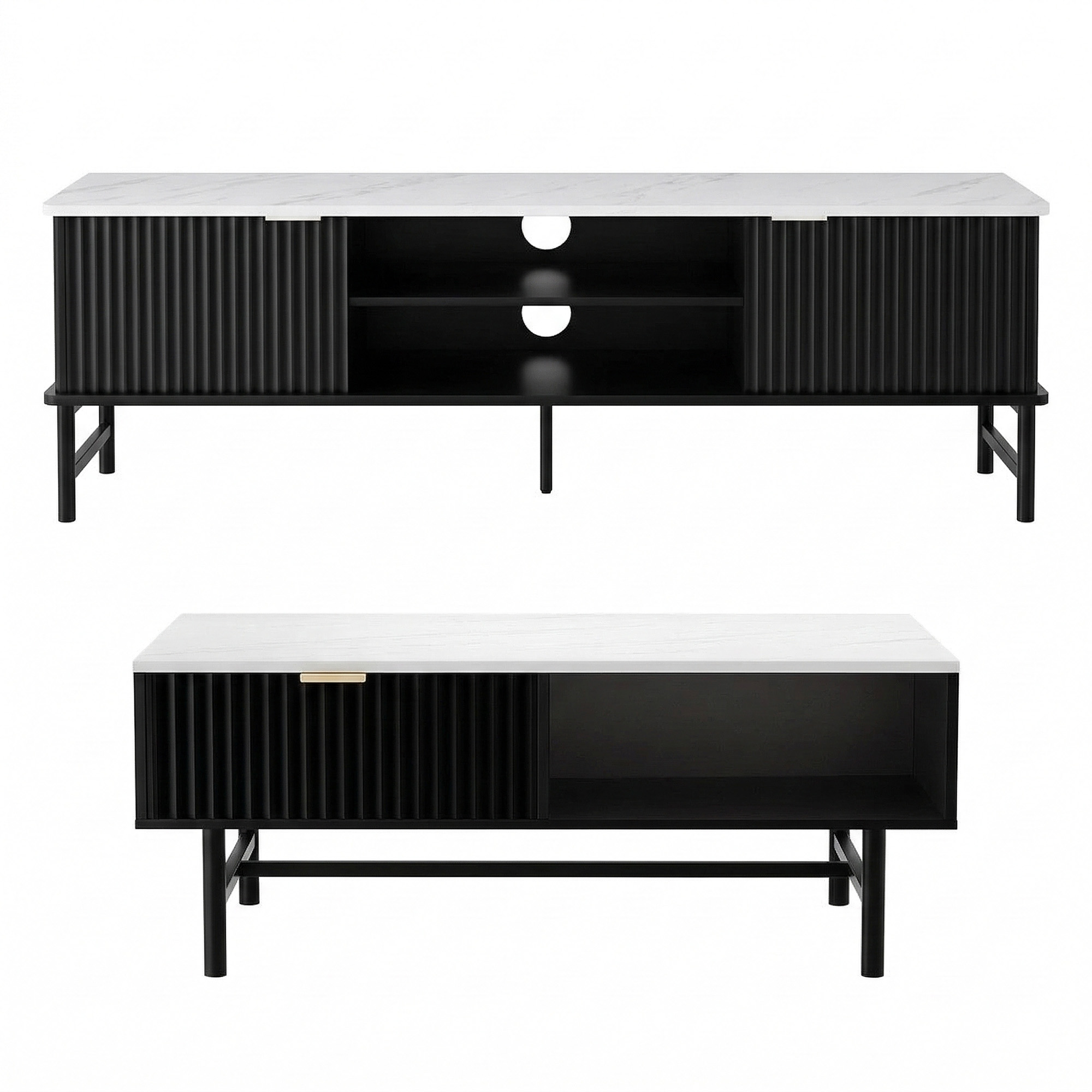 Artiss TV Unit & Coffee Table Set Storage Shelf Black - Image 4