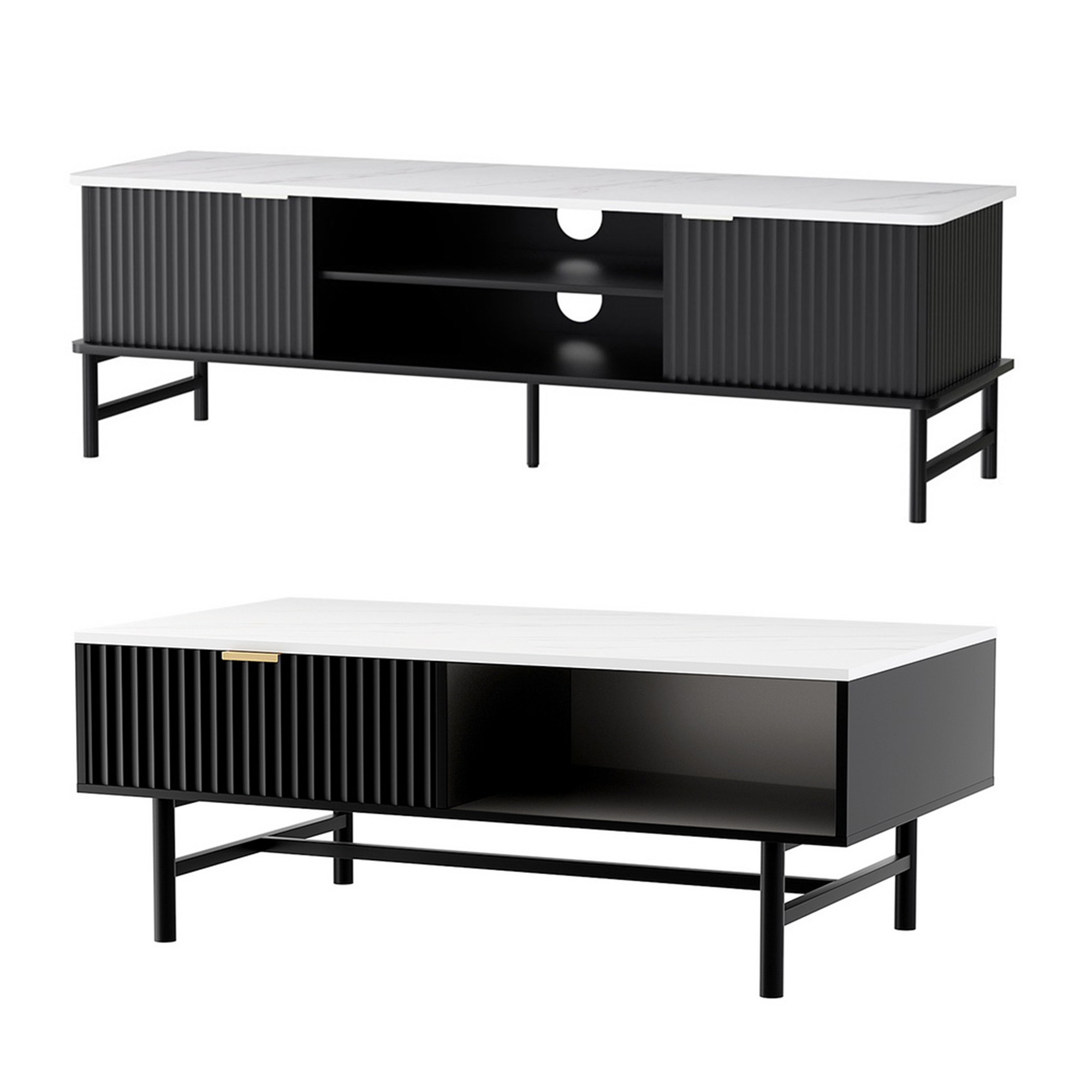 Artiss TV Unit & Coffee Table Set Storage Shelf Black - Image 8