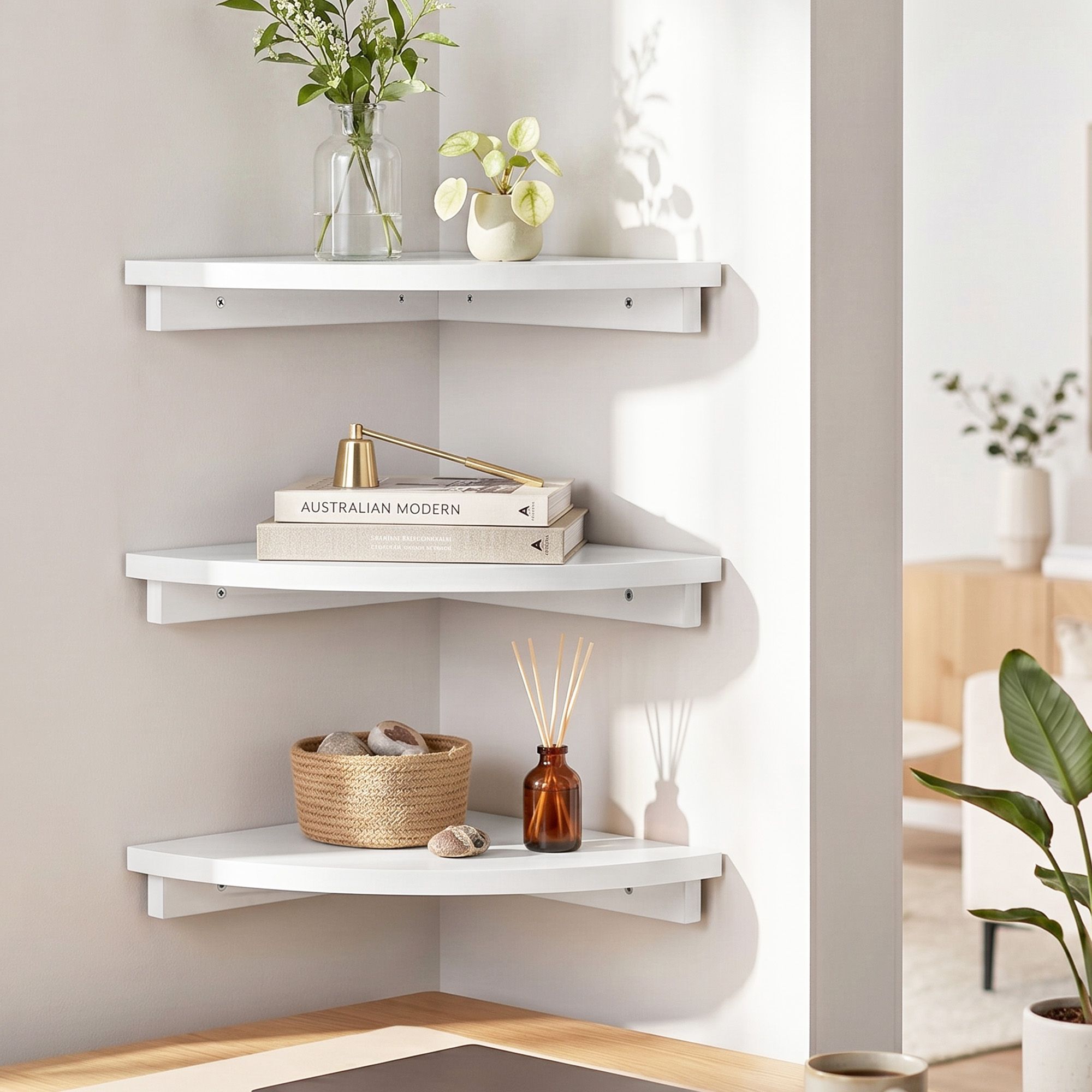 Artiss 3pc Corner Floating Wall Shelf Wall Mounted Display Rack Round Edge White - Image 1