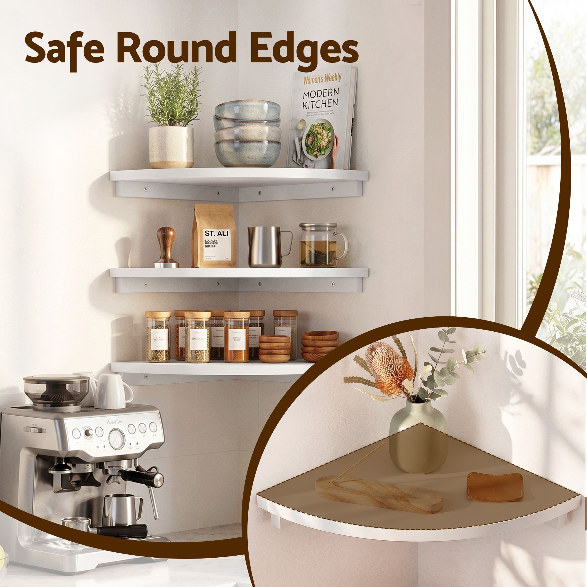 Artiss 3pc Corner Floating Wall Shelf Wall Mounted Display Rack Round Edge White - Image 5