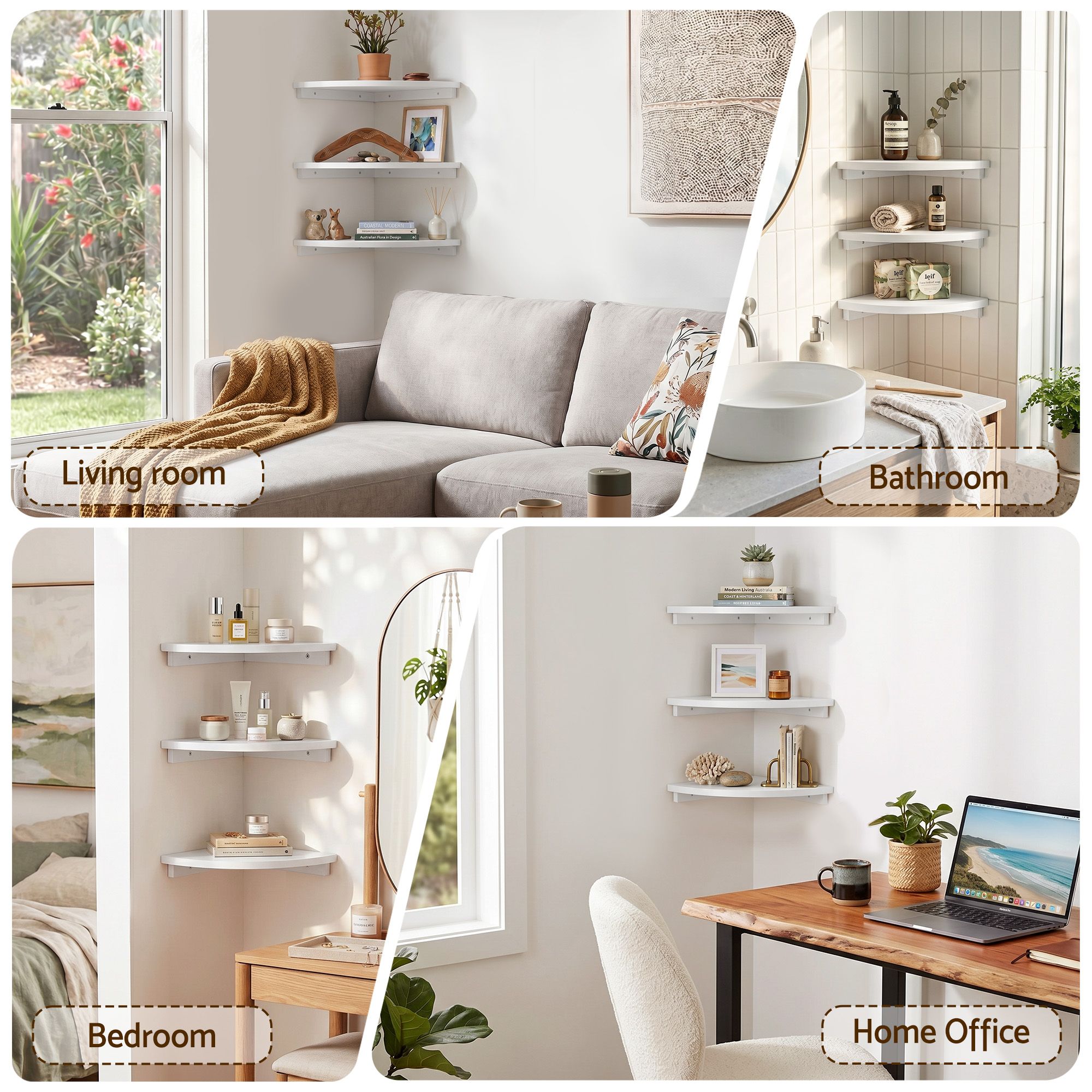 Artiss 3pc Corner Floating Wall Shelf Wall Mounted Display Rack Round Edge White - Image 8
