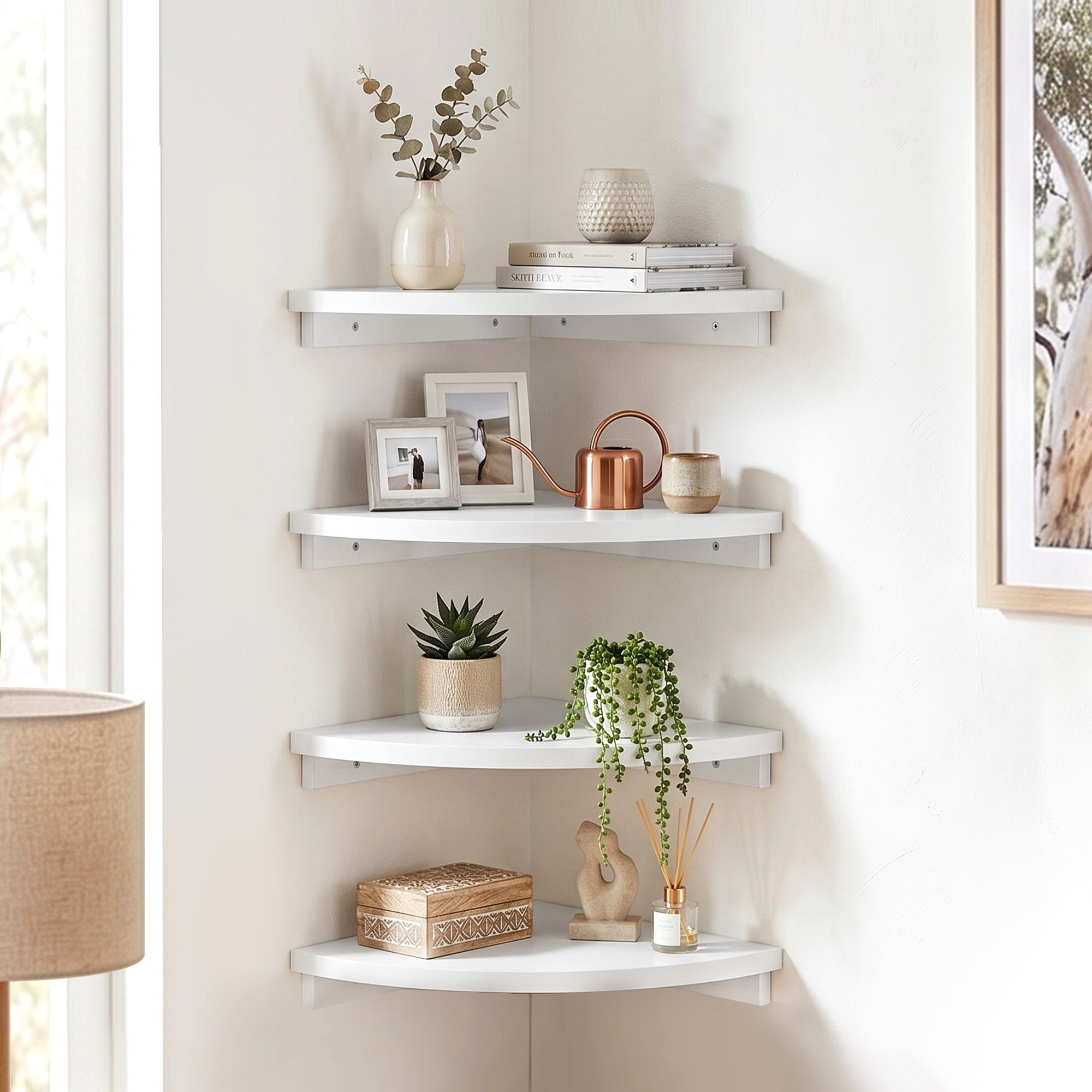 Artiss 4pc Corner Floating Wall Shelf Wall Mounted Display Rack Round Edge White - Image 1