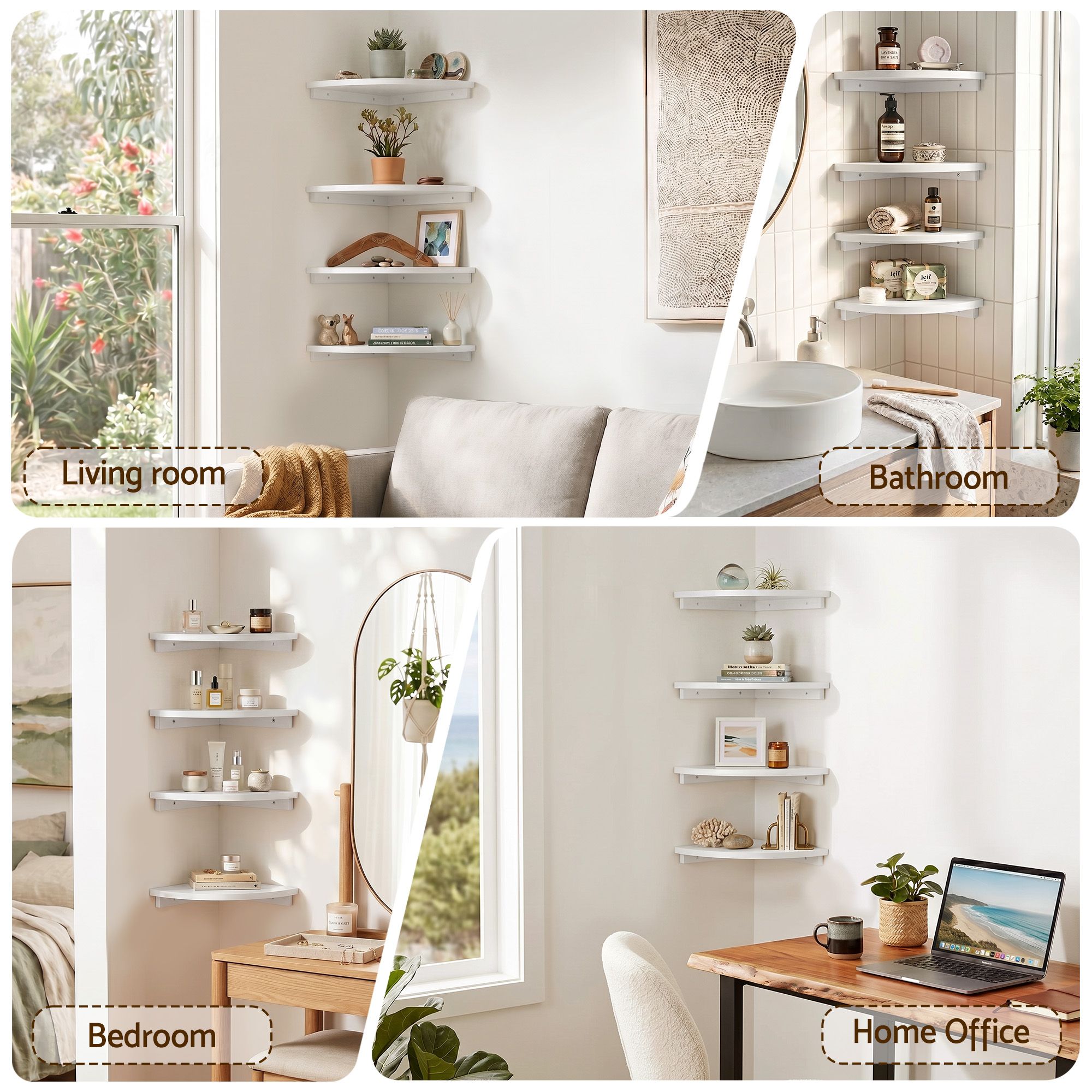 Artiss 4pc Corner Floating Wall Shelf Wall Mounted Display Rack Round Edge White - Image 8