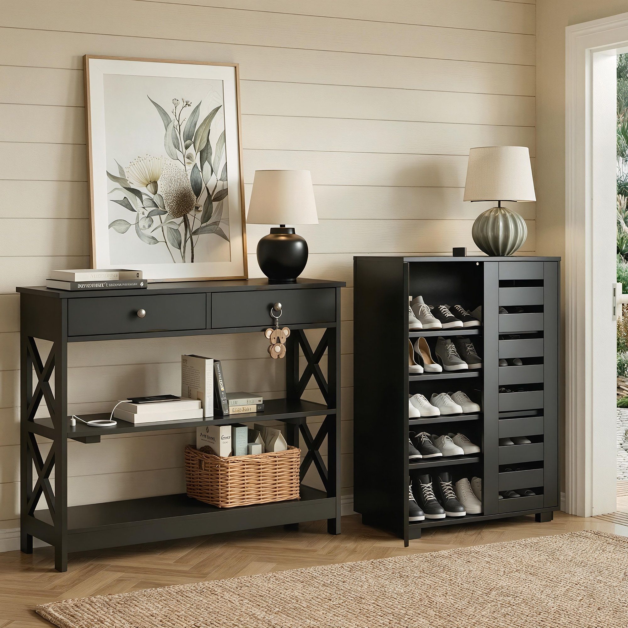 Artiss Shoe Rack Cabinet & Console Table Set Storage Shelf Black - Image 1