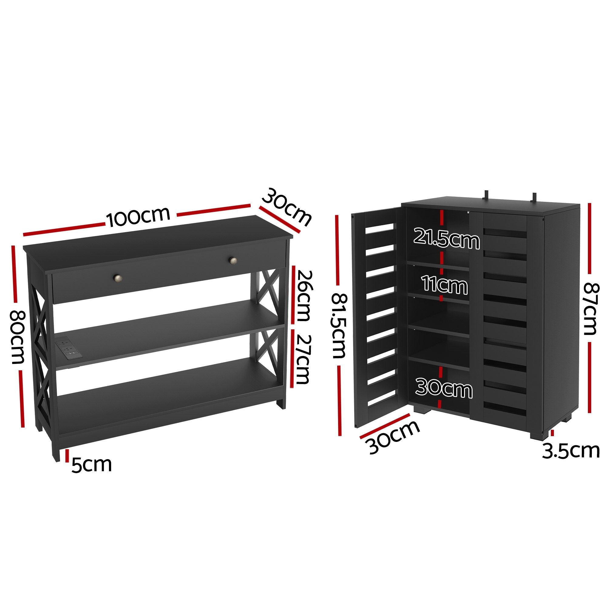 Artiss Shoe Rack Cabinet & Console Table Set Storage Shelf Black - Image 3