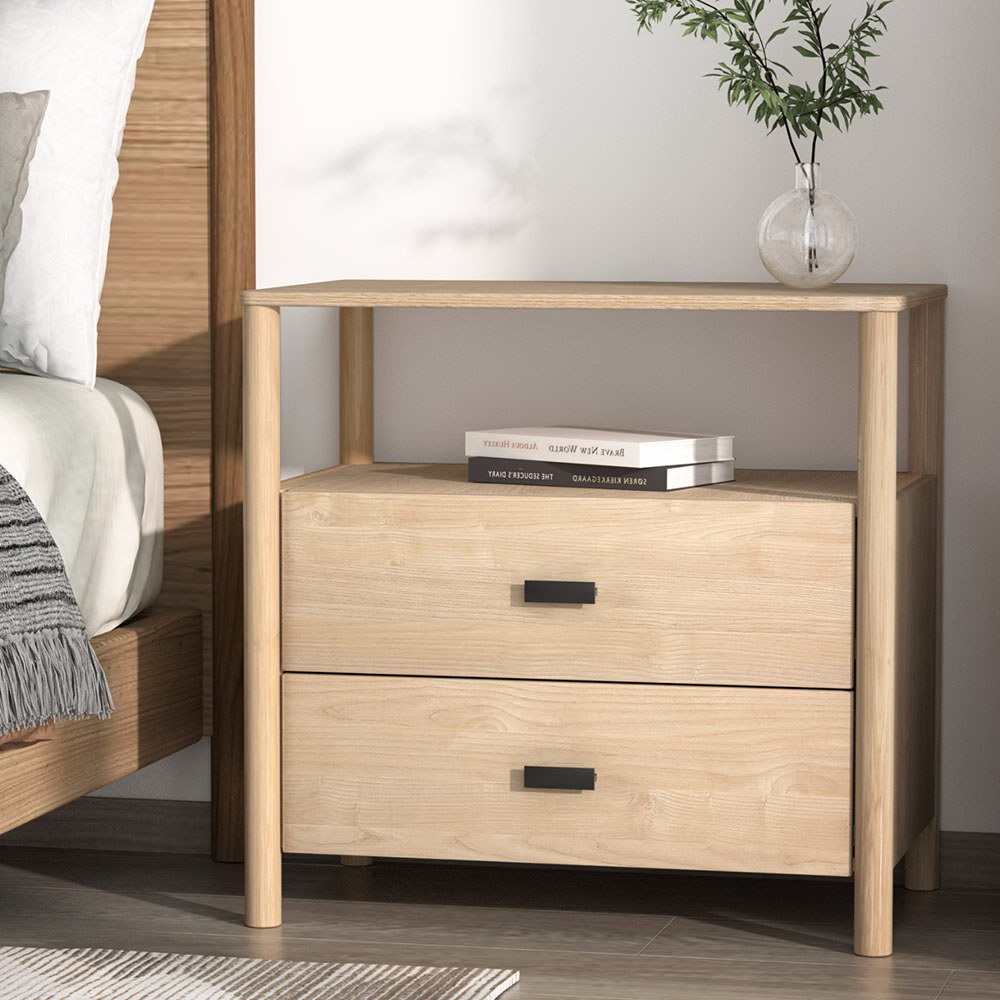 Artiss Bedside Table Nightstand 2 Drawers - Pine - Image 1
