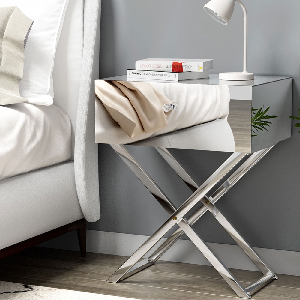 Artiss Mirrored Bedside Table Drawers Side Table Storage Nightstand Silver MOCO - Image 1