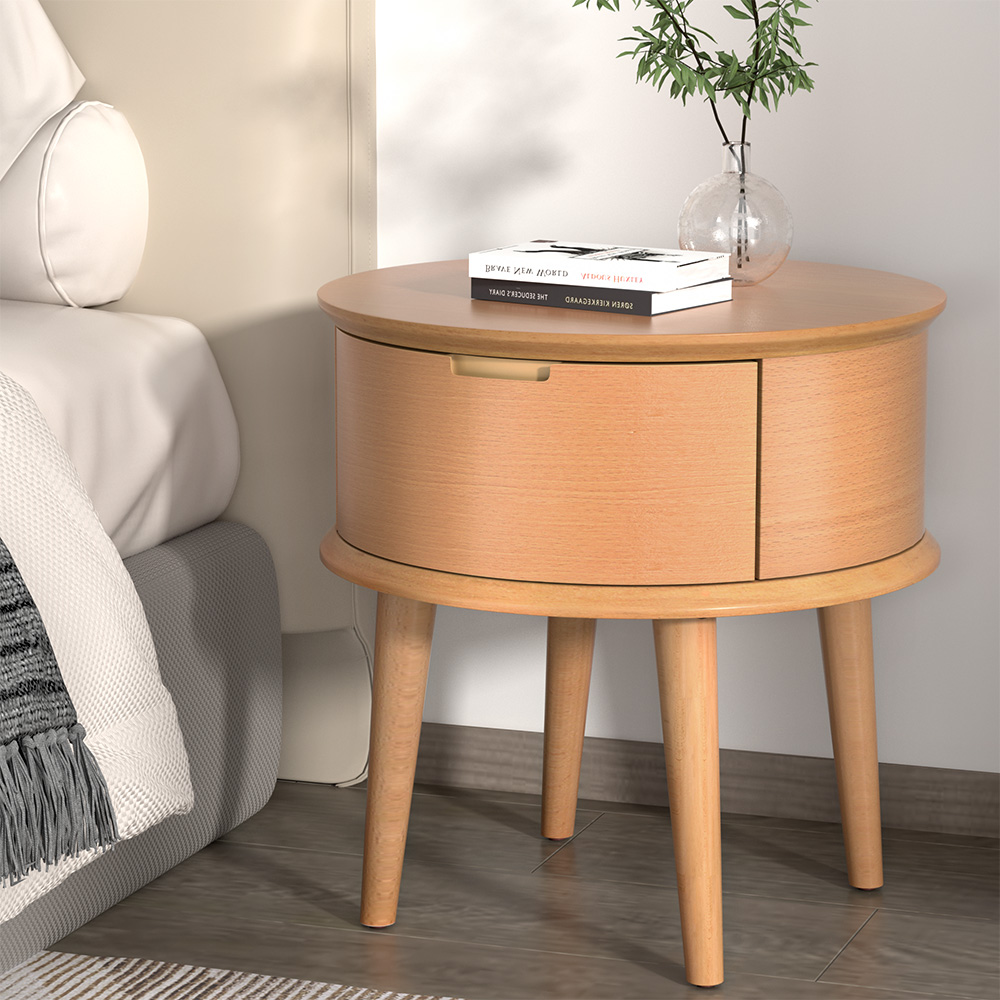 Artiss Bedside Table Drawers Curved Side End Table Storage Nightstand Oak ENZO - Image 1
