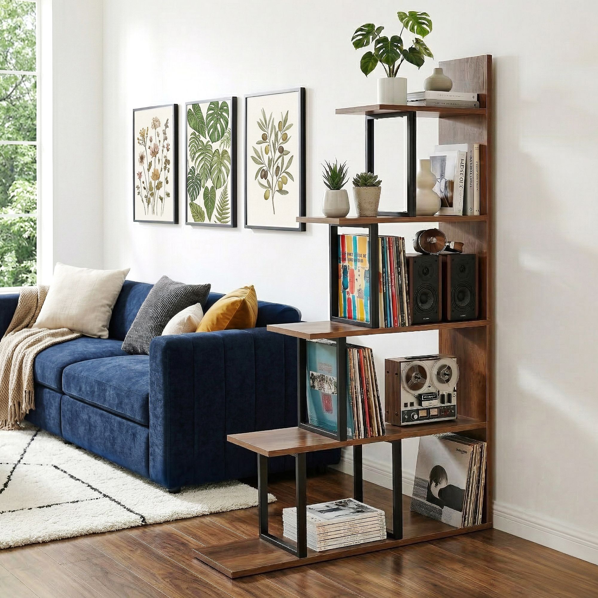 Artiss 5 Tiers Bookshelf Ladder Corner Shelf Bookcase Walnut - Image 1