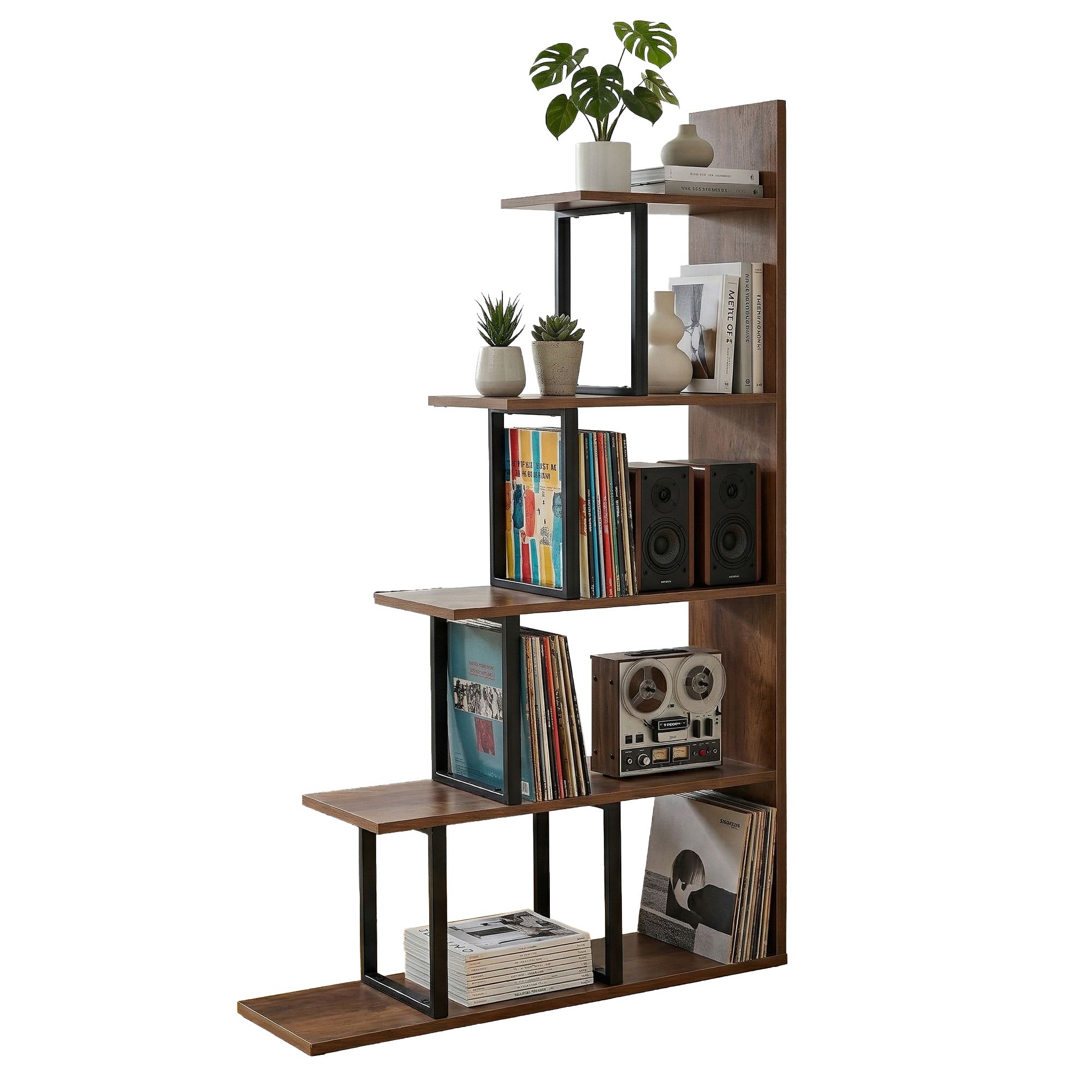 Artiss 5 Tiers Bookshelf Ladder Corner Shelf Bookcase Walnut - Image 2