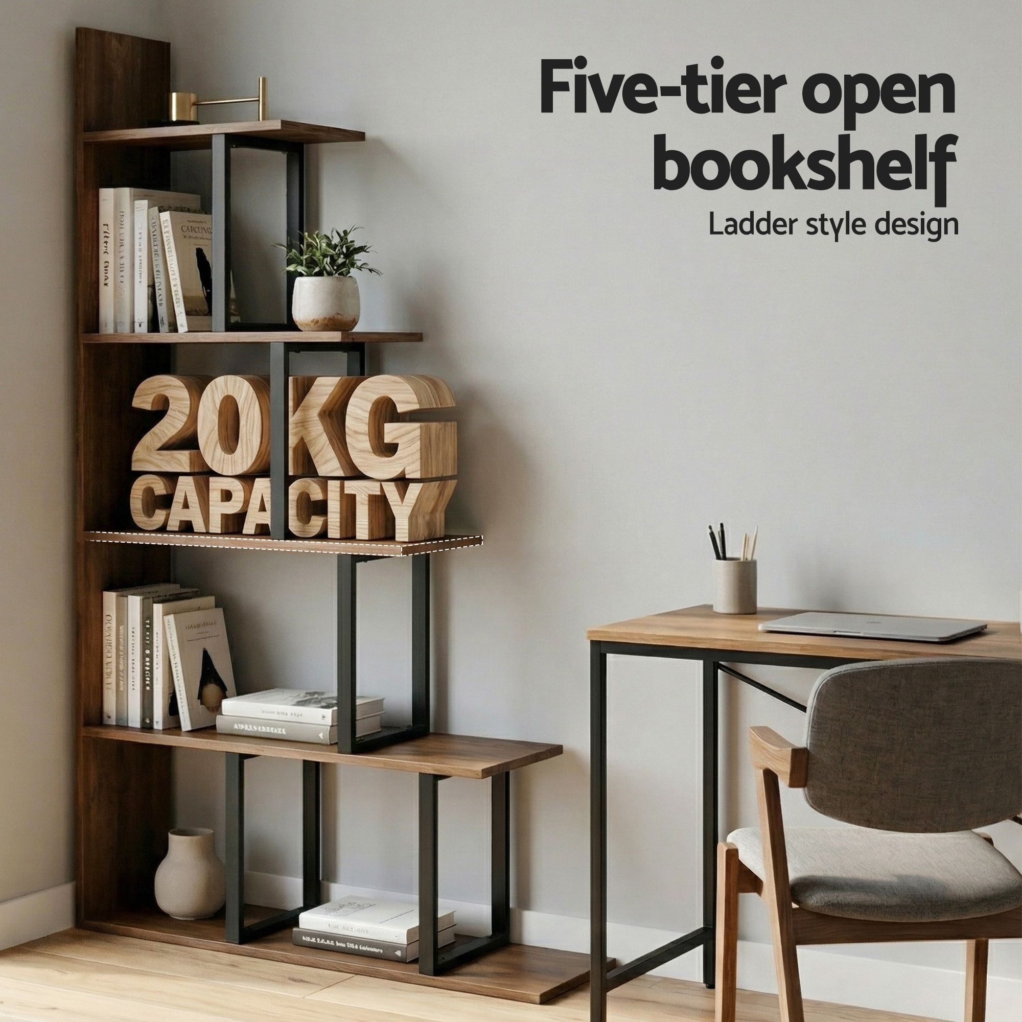 Artiss 5 Tiers Bookshelf Ladder Corner Shelf Bookcase Walnut - Image 5