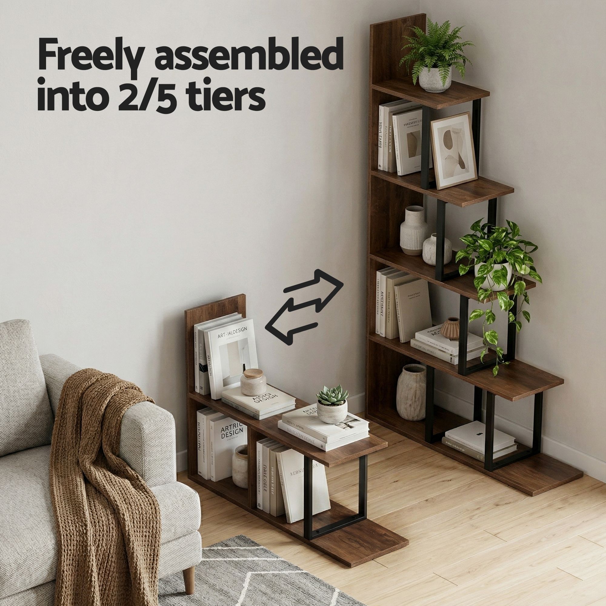 Artiss 5 Tiers Bookshelf Ladder Corner Shelf Bookcase Walnut - Image 7