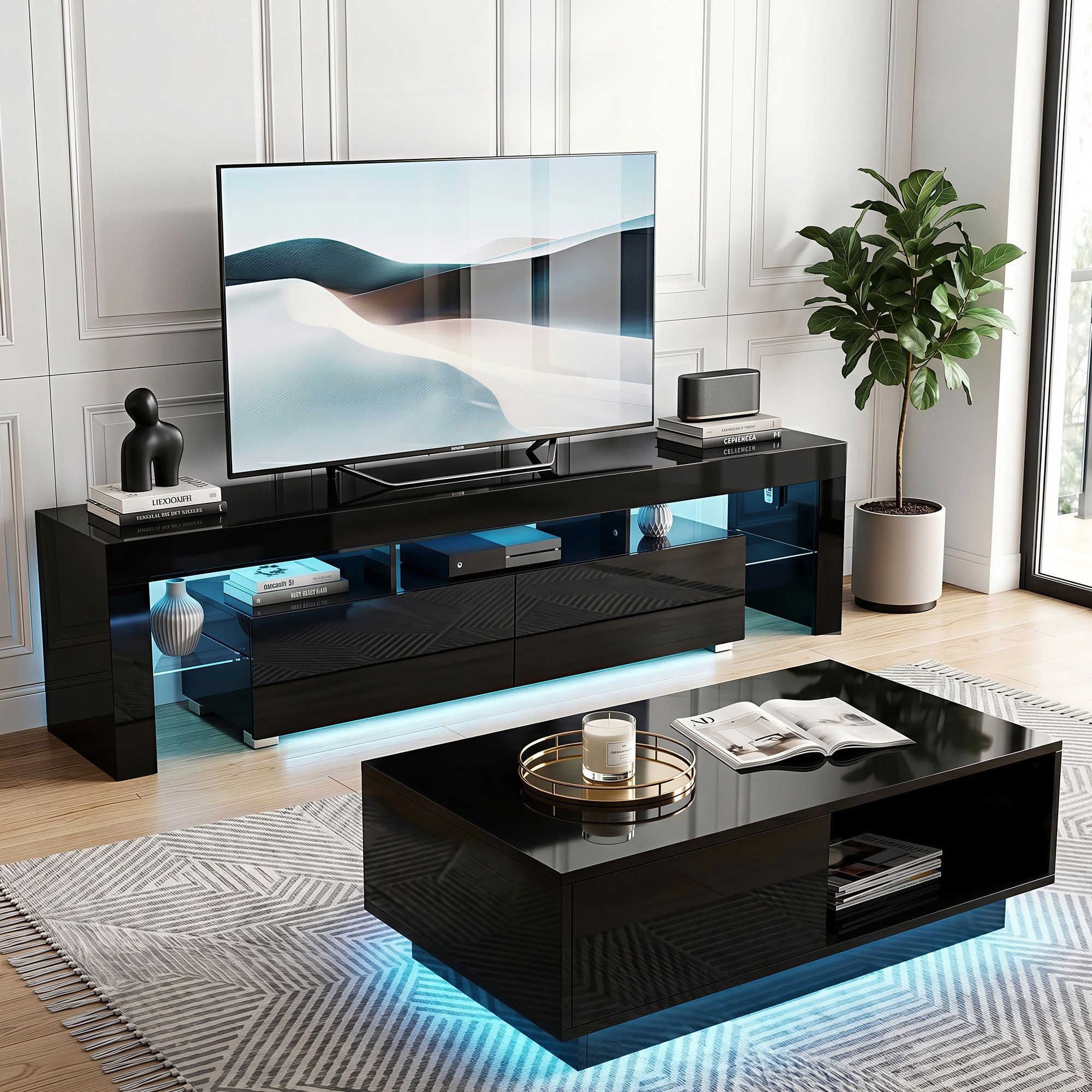 Artiss LED TV Unit & Coffee Table Set Storage Cabinet Black - Image 1