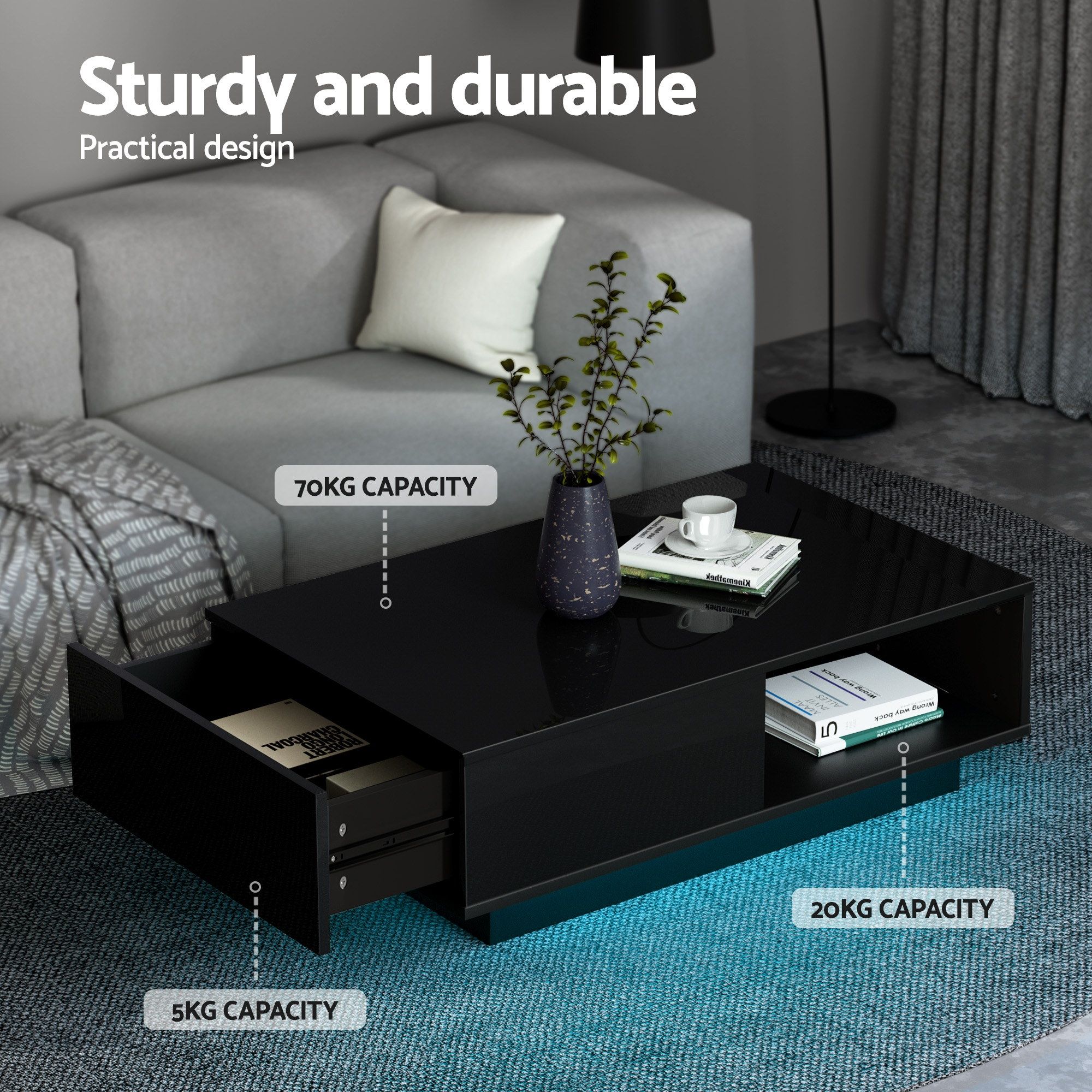 Artiss LED TV Unit & Coffee Table Set Storage Cabinet Black - Image 8