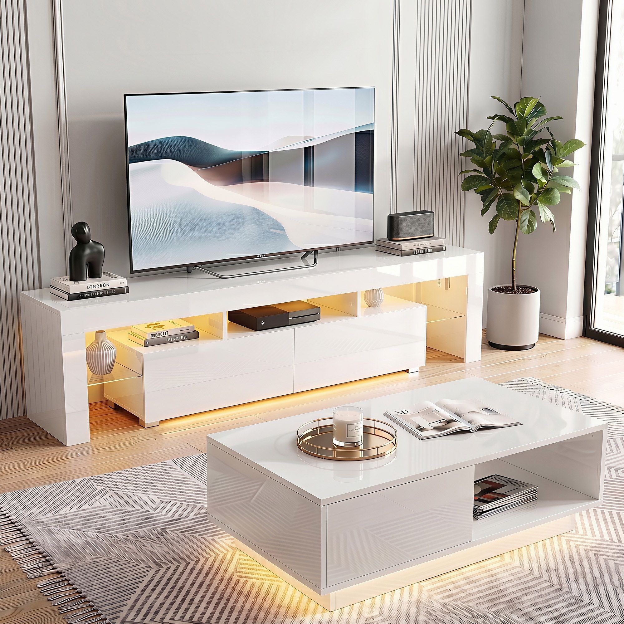Artiss LED TV Unit & Coffee Table Set Storage Cabinet White - Image 1