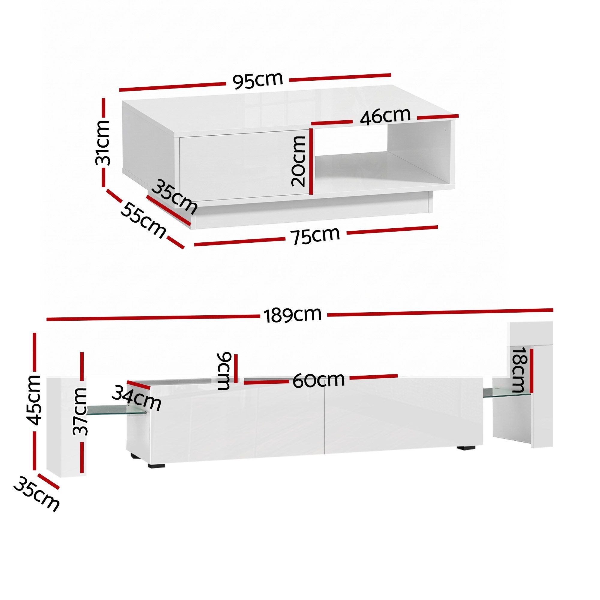 Artiss LED TV Unit & Coffee Table Set Storage Cabinet White - Image 3