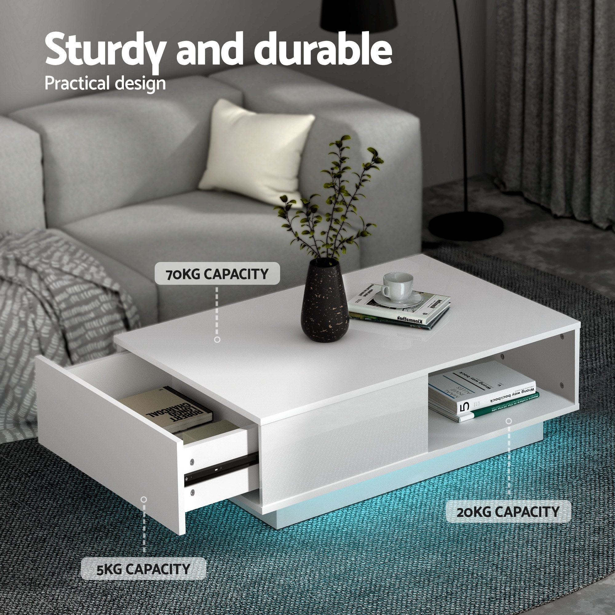 Artiss LED TV Unit & Coffee Table Set Storage Cabinet White - Image 8