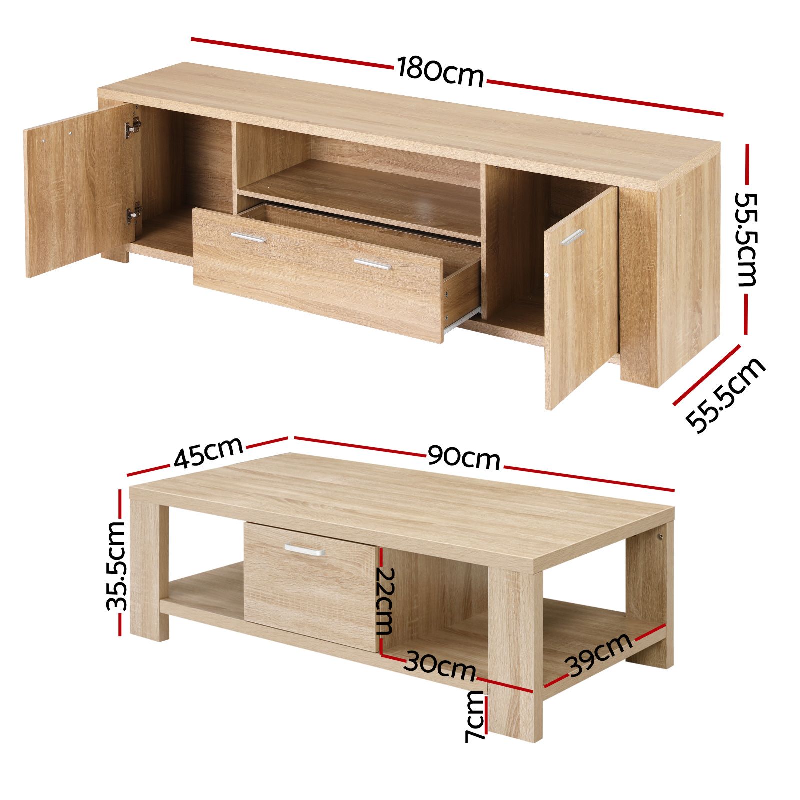 Artiss TV Unit & Coffee Table Set Storage Drawer Pine - Image 3