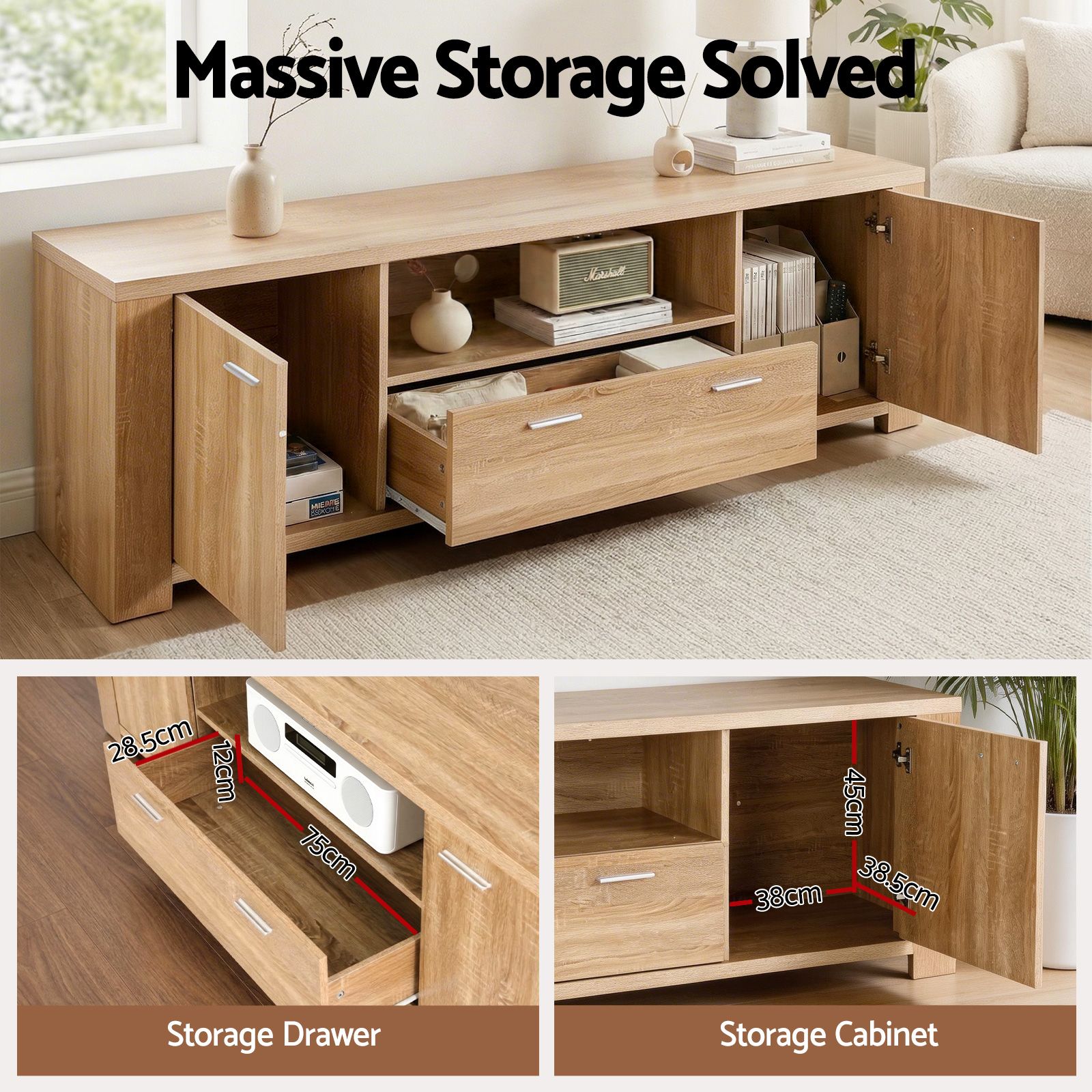 Artiss TV Unit & Coffee Table Set Storage Drawer Pine - Image 5