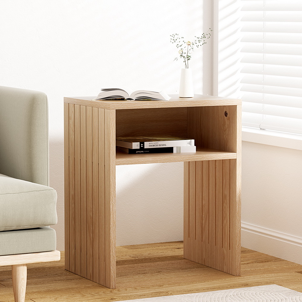 Artiss Coffee Table Storage Shelf Fluted Side Pine - Image 1