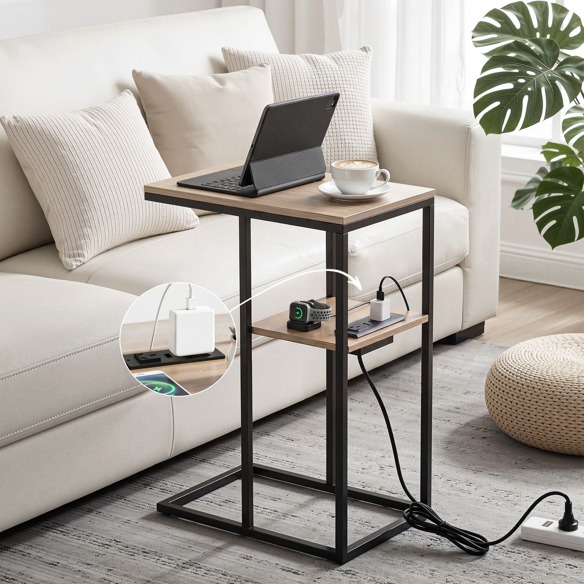 Artiss C-Shaped End Table Charging Station 2-Tier Side Coffee Table Bedside Wood - Image 1