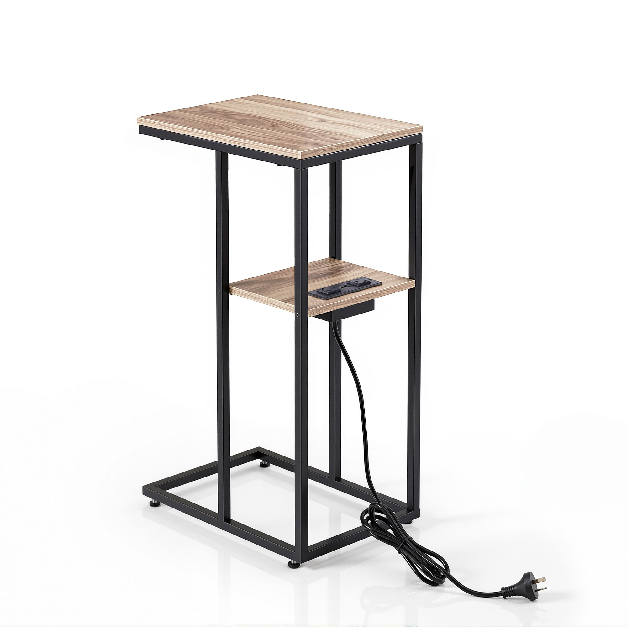 Artiss C-Shaped End Table Charging Station 2-Tier Side Coffee Table Bedside Wood - Image 2