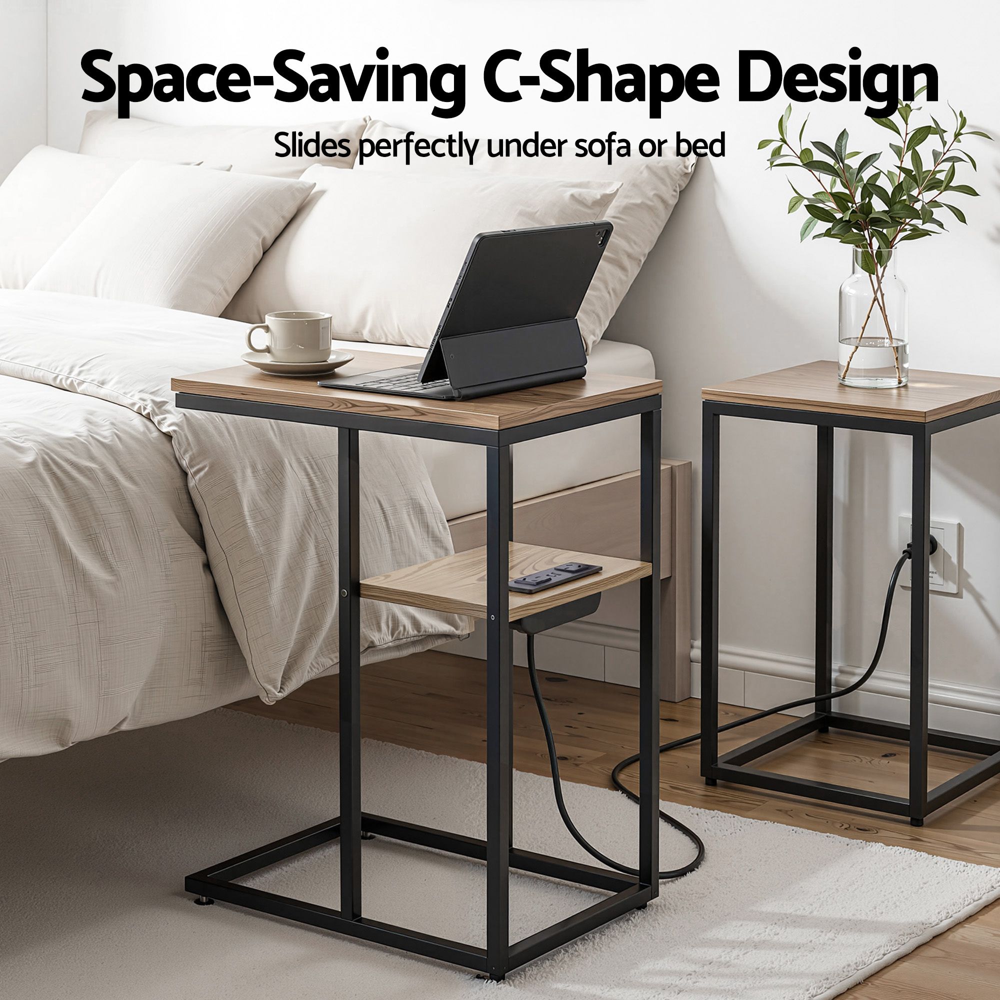 Artiss C-Shaped End Table Charging Station 2-Tier Side Coffee Table Bedside Wood - Image 5