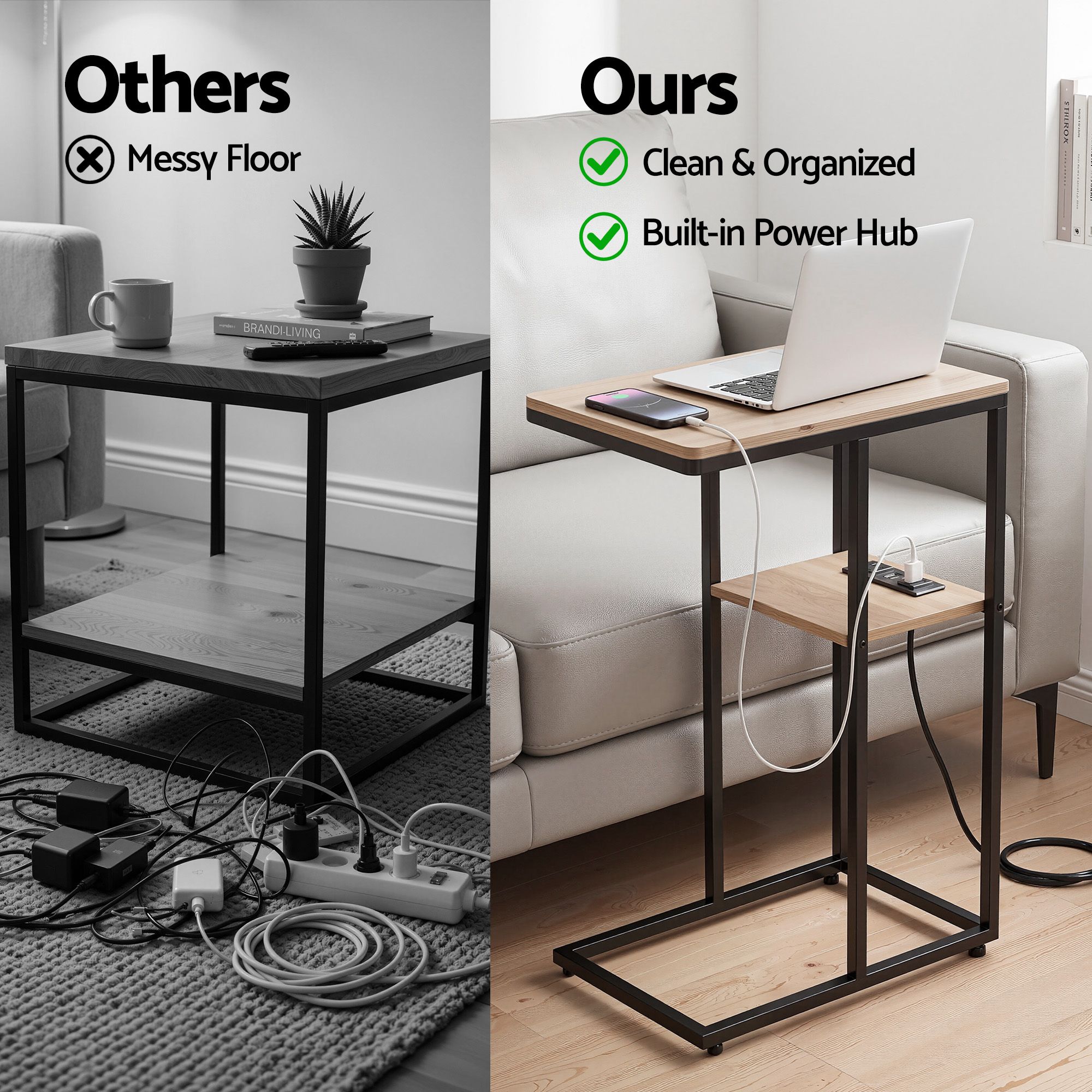 Artiss C-Shaped End Table Charging Station 2-Tier Side Coffee Table Bedside Wood - Image 6