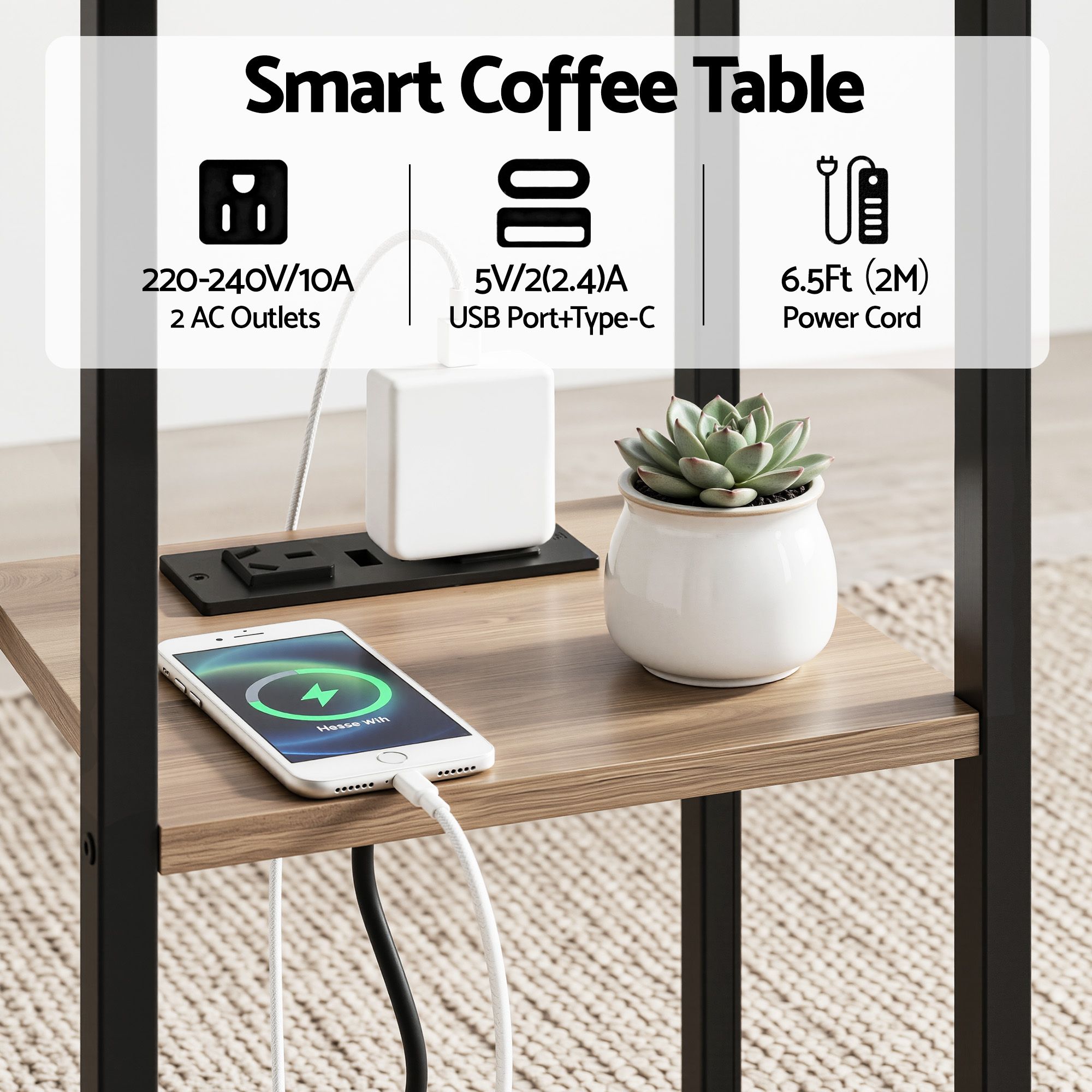 Artiss C-Shaped End Table Charging Station 2-Tier Side Coffee Table Bedside Wood - Image 7