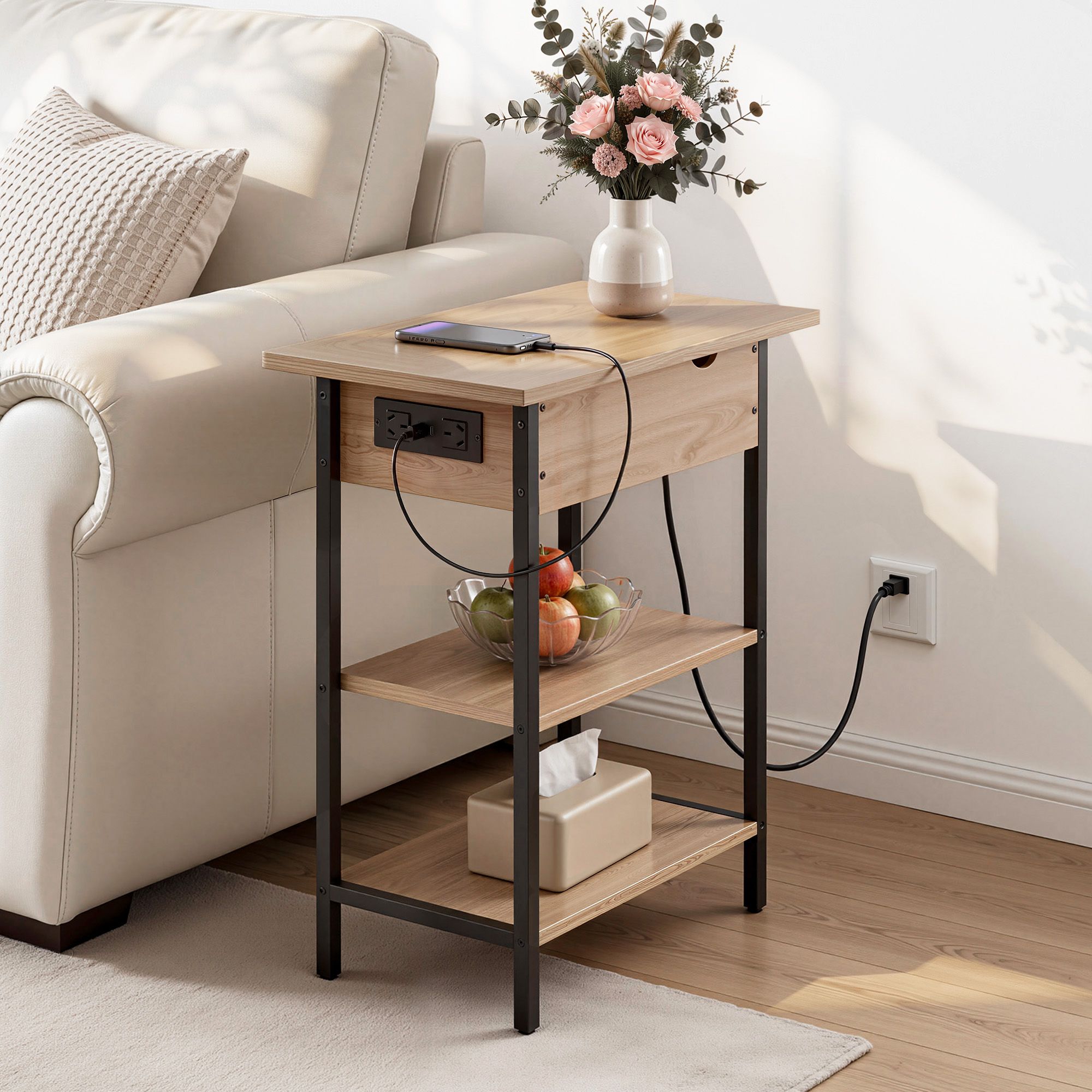 Artiss Coffee Table Side Bedside End Table Charging Station Flip-Top Storage 60cm Wood - Image 1