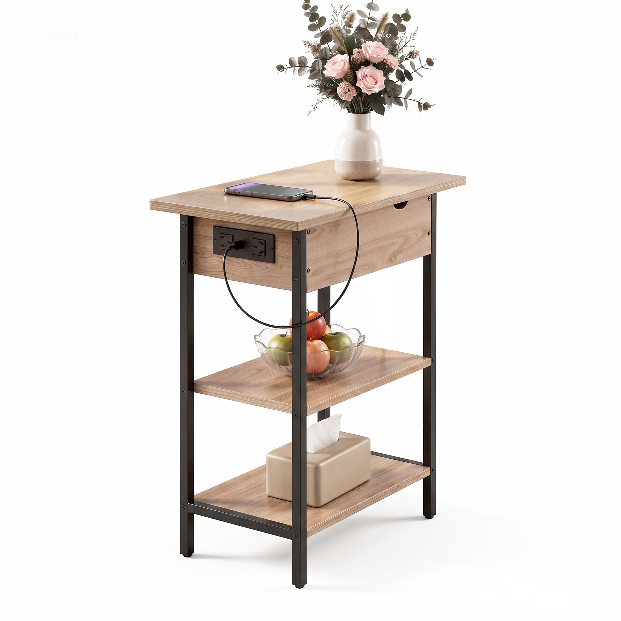 Artiss Coffee Table Side Bedside End Table Charging Station Flip-Top Storage 60cm Wood - Image 2